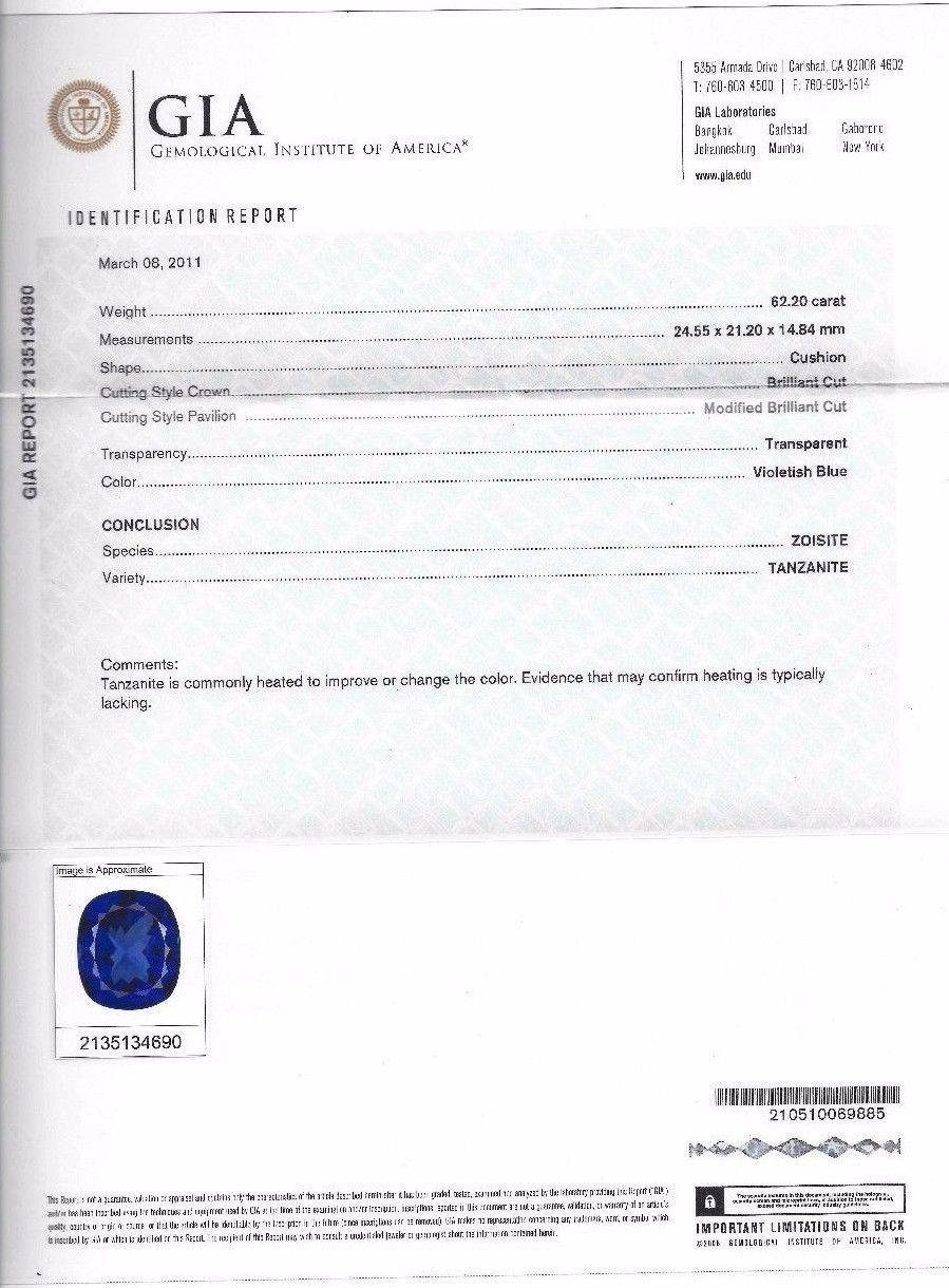 GIA Certified 62.60 Carat Natural Blue Cushion Cut Tanzanite Magnificent For Sale 1