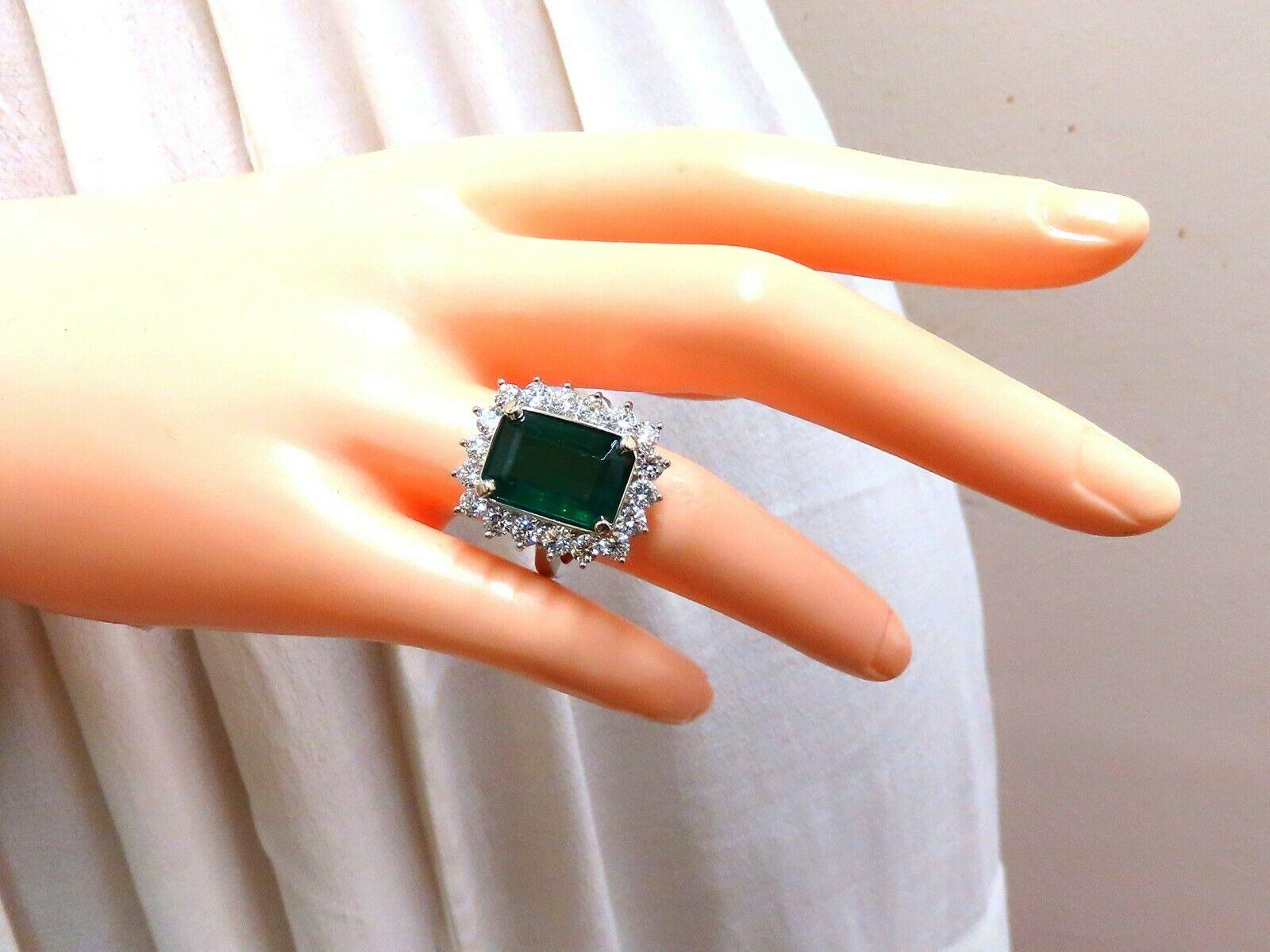 Emerald Cut GIA Certified 6.26ct Natural Green Emerald Diamonds Ring 18kt Halo Prime For Sale