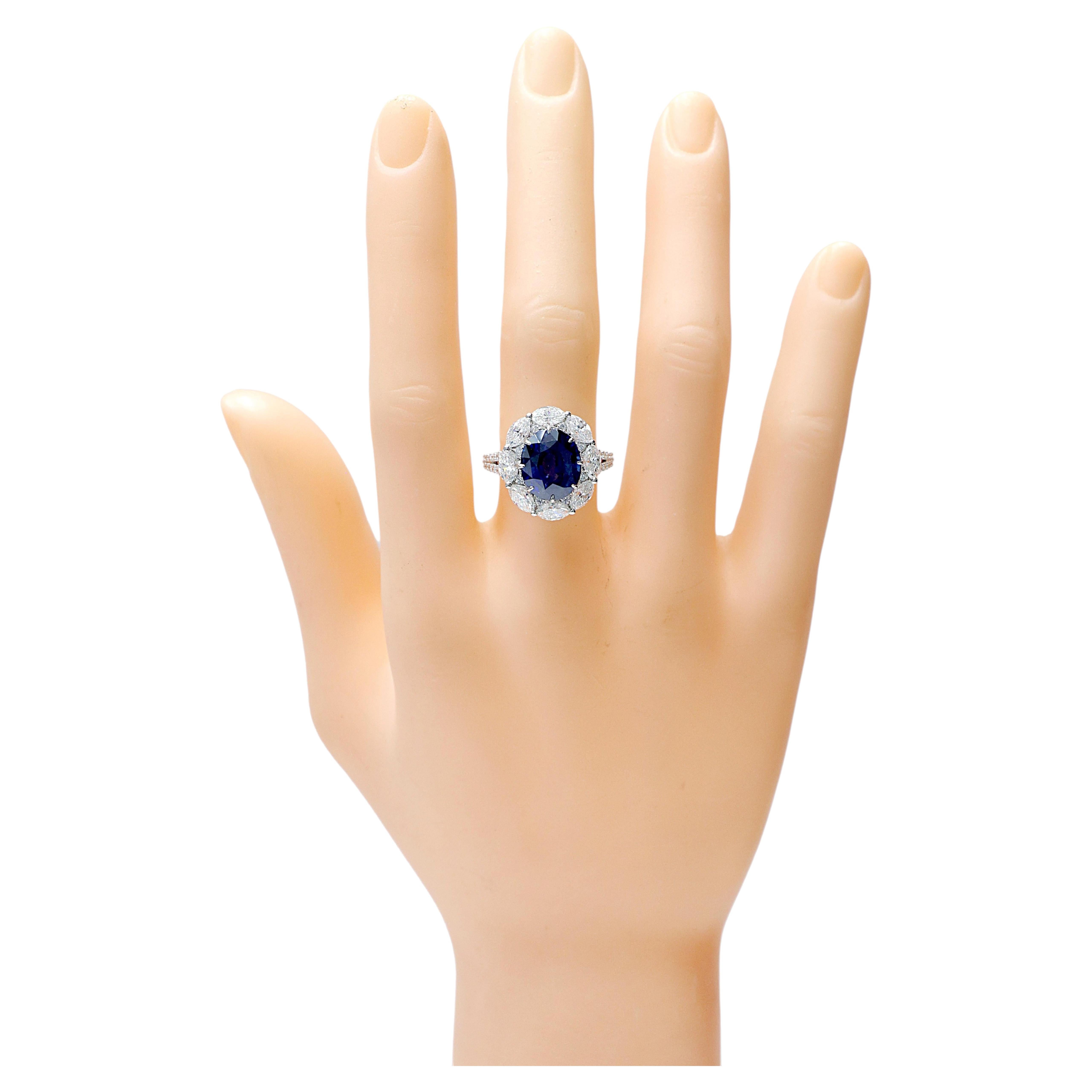 Bague cocktail saphir bleu royal et diamant de 6,29 carats certifiée GIA