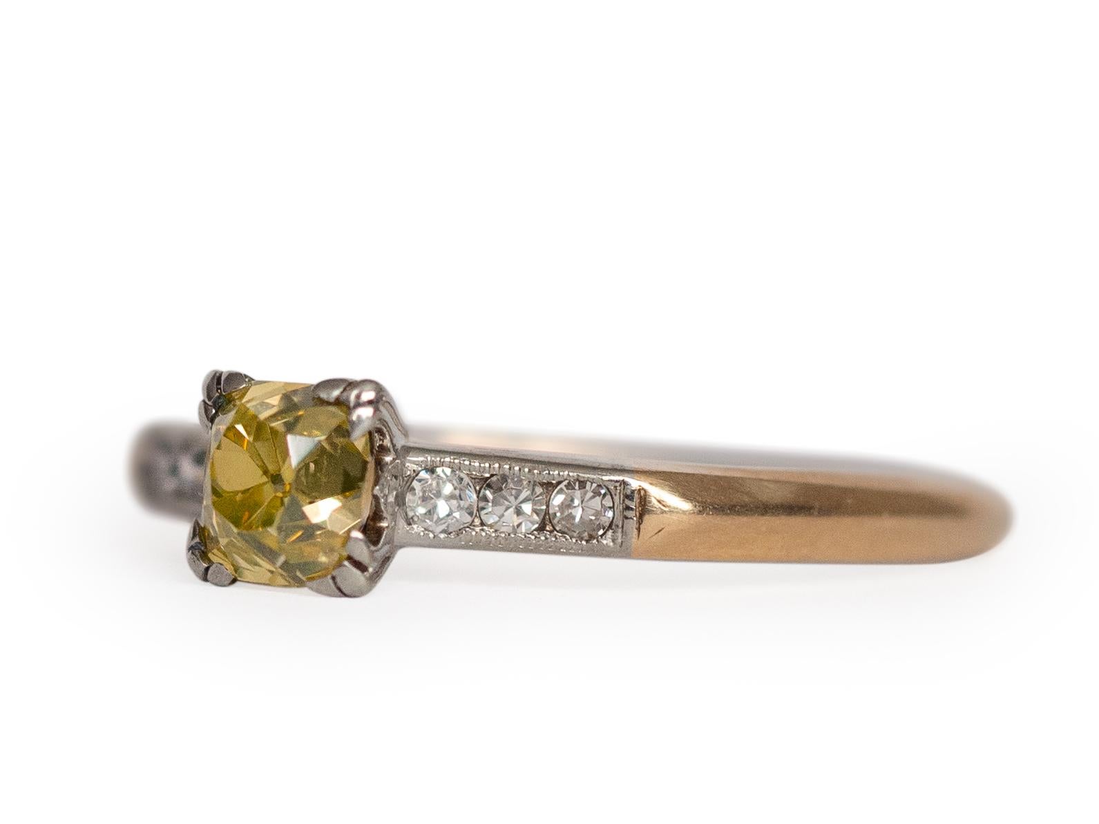 Item Details: 
Ring Size: 6
Metal Type: 14 Karat Yellow Gold & Platinum Prongs [Hallmarked, and Tested]
Weight: 2.8 grams

Center Diamond Details:
GIA REPORT #: 6pm 177207640
Weight: .63
Cut: Old European brilliant
Color: Fancy Intense Yellow
