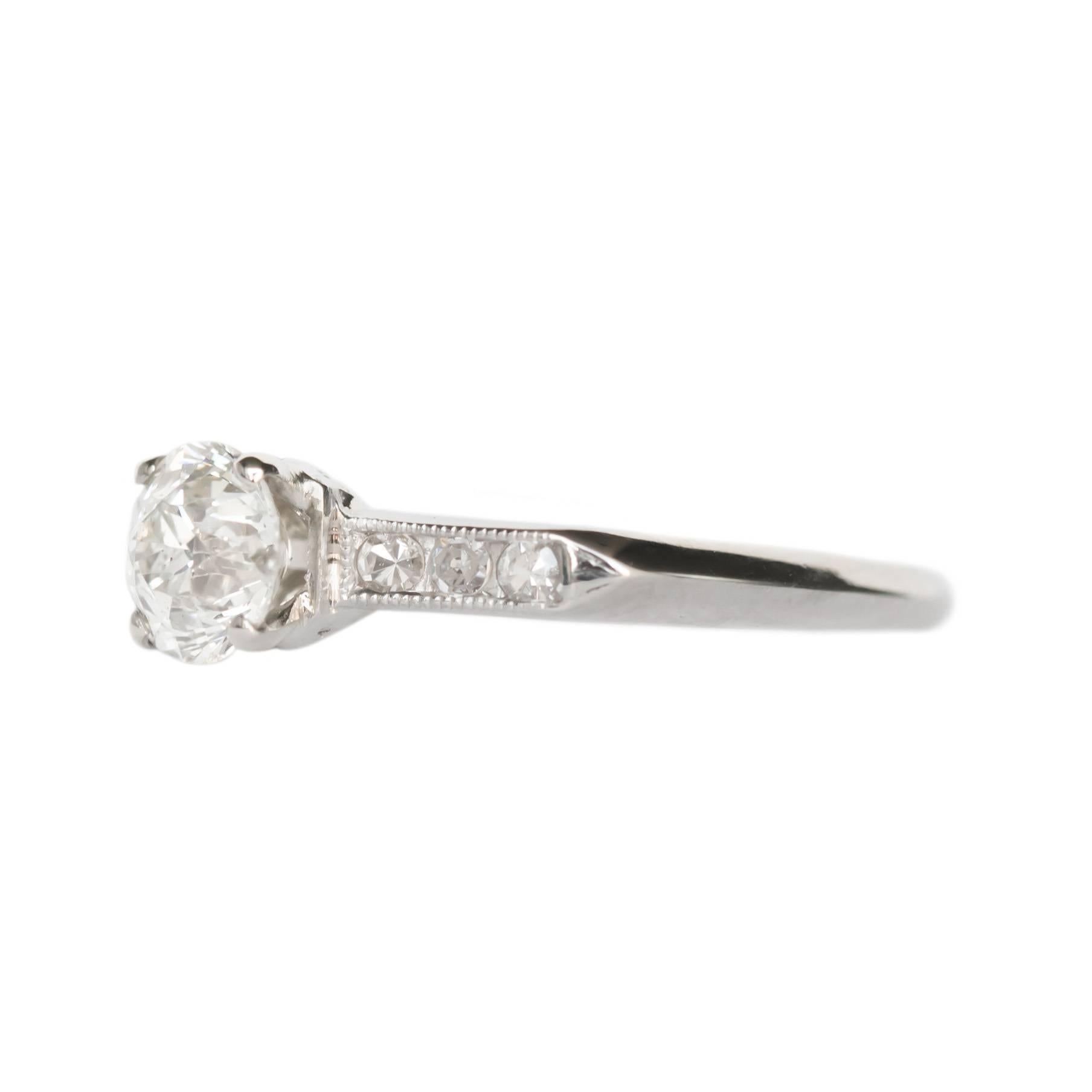 Item Details: 
Ring Size: 5.5
Metal Type: Platinum
Weight: 2.9 grams

Center Diamond Details
GIA CERTIFIED Center Diamond - Certificate # 5192408874
Shape: Circular Brilliant 
Carat Weight: .63 carat
Color: I
Clarity: I1

Side Stone Details: 
Shape: