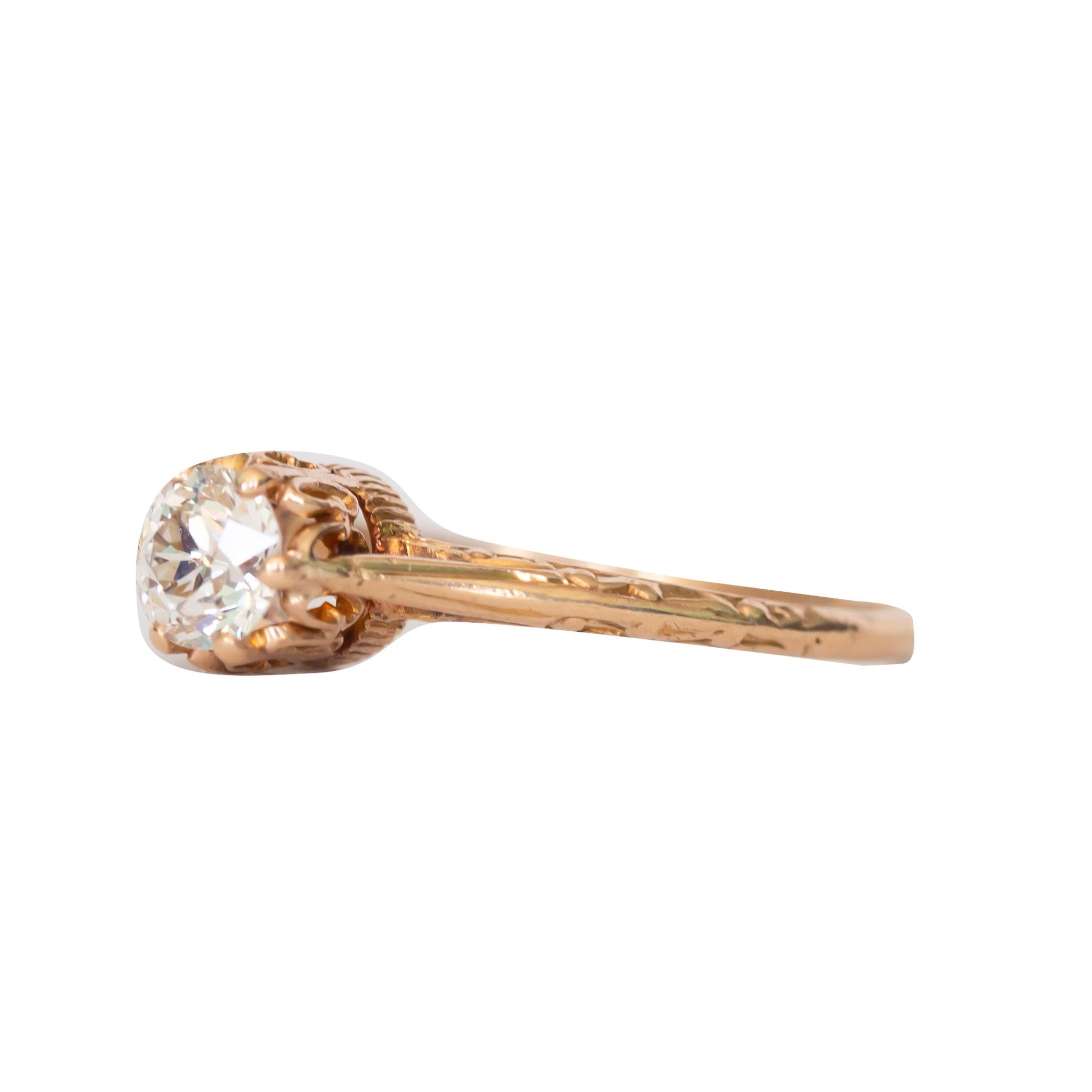 Ring Size: 6
Metal Type: 14K Yellow Gold [Hallmarked, and Tested]
Weight: 2.5 grams

Center Diamond Details:
GIA REPORT#5201384114
Weight: .63 carat
Cut: Old European
Color: I
Clarity: VS1

Finger to Top of Stone Measurement: 6.5mm
Condition: