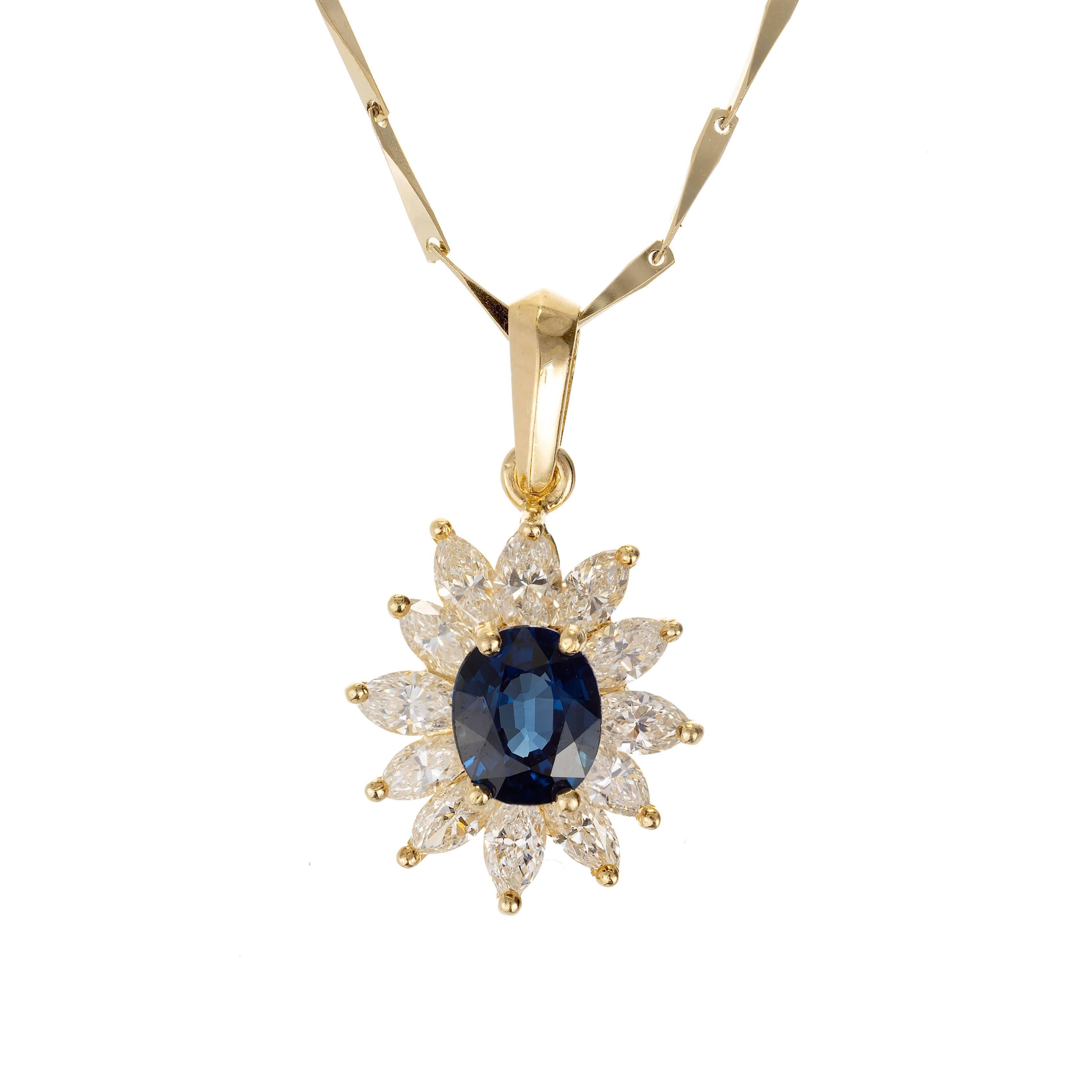 GIA Certified .63 Carat Sapphire Diamond Halo Yellow Gold Pendant