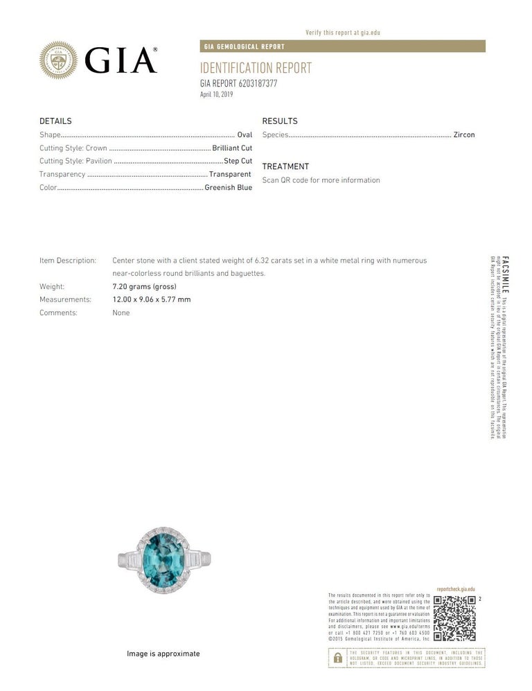 GIA Certified 6.32 Carat Oval Cut Blue Zircon and Diamond Ring in 18k White Gold In New Condition For Sale In New York, NY
