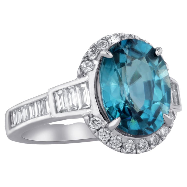 GIA Certified 6.32 Carat Oval Cut Blue Zircon and Diamond Ring in 18k White Gold For Sale