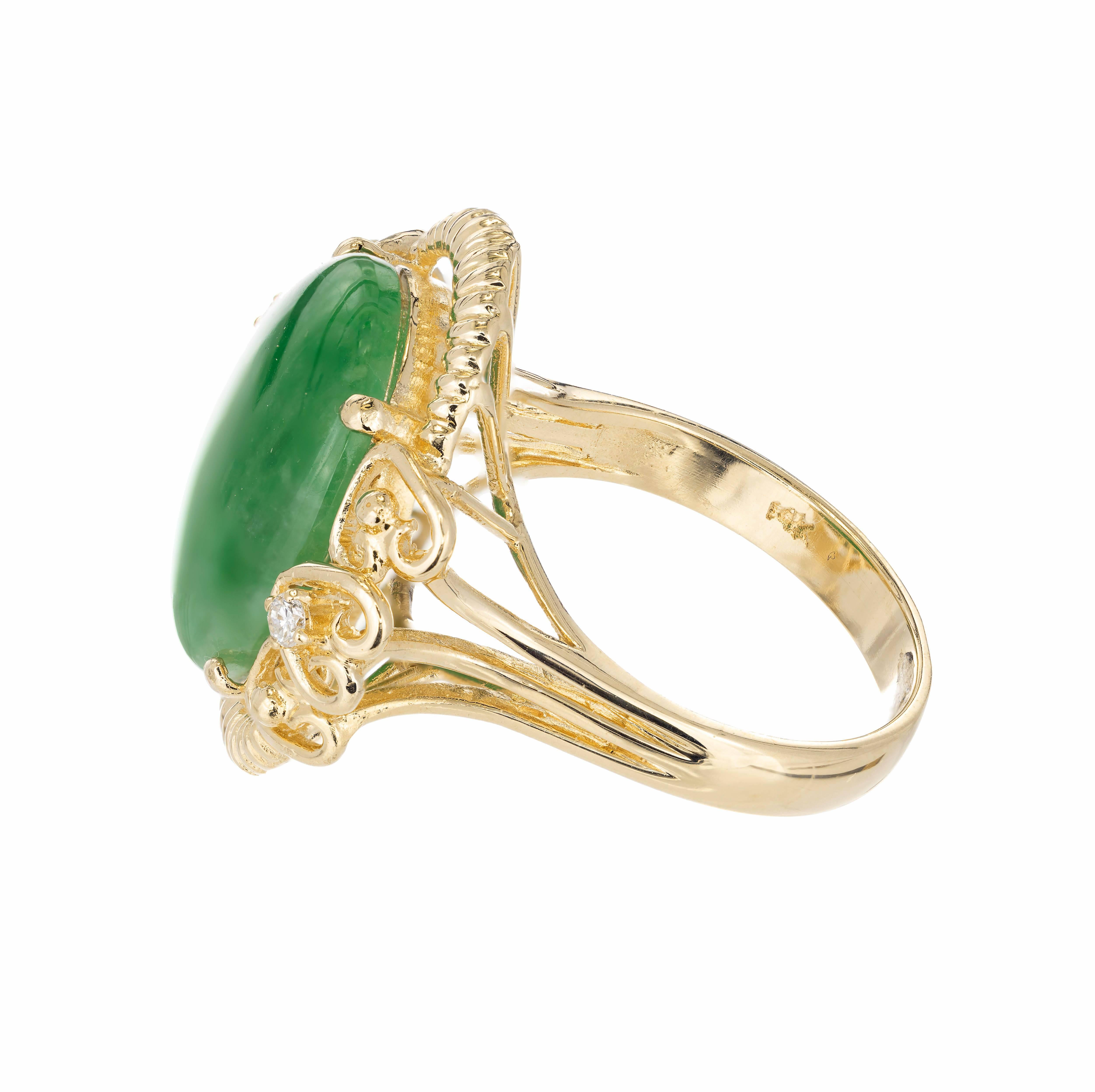 Oval Cut GIA Certified 6.33 Carat Cabochon Jadeite Jade Green Diamond Gold Cocktail Ring For Sale