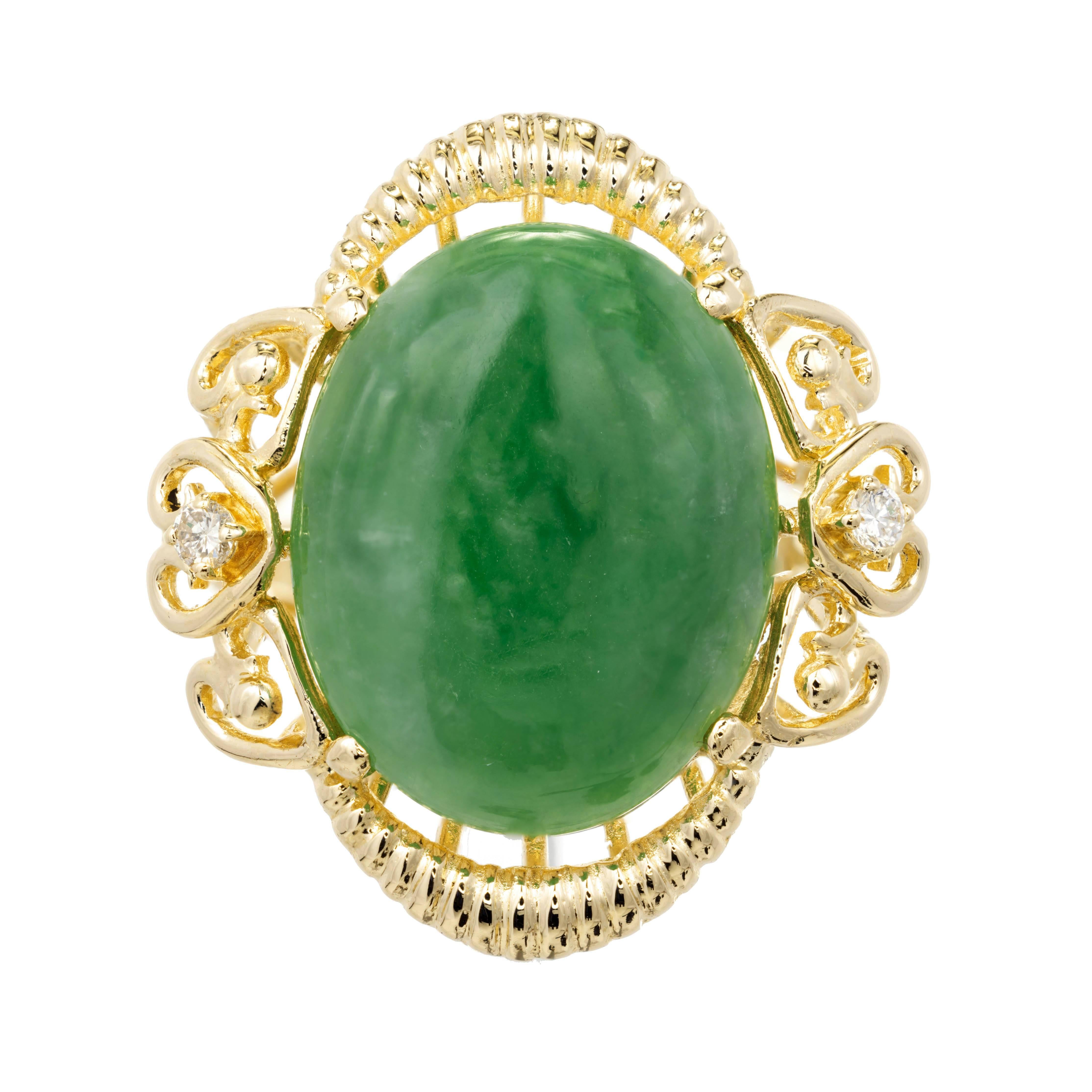 GIA Certified 6.33 Carat Cabochon Jadeite Jade Green Diamond Gold Cocktail Ring For Sale