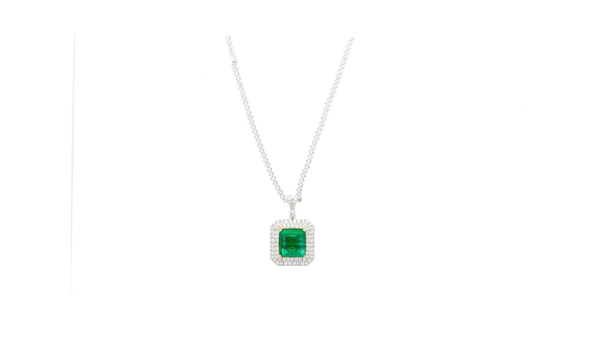 Emerald Cut GIA Certified 6.33 Carat Minor Oil Colombian Emerald Necklace in 18K White Gold For Sale