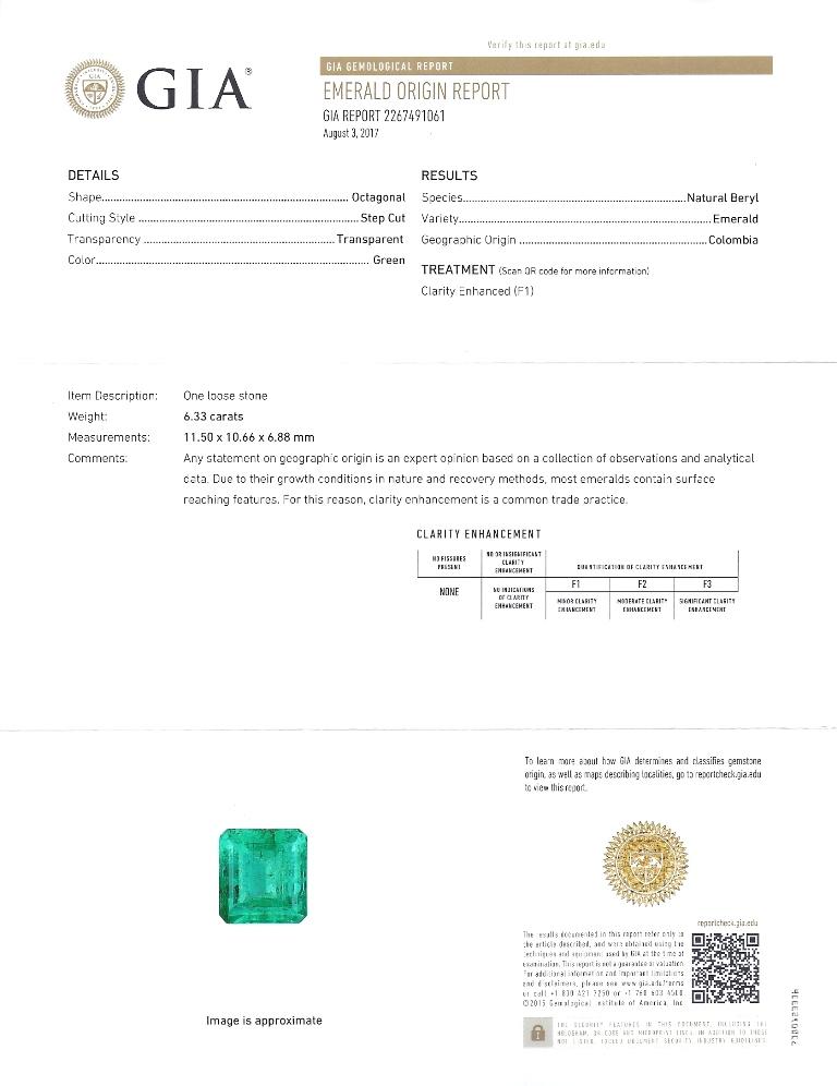 GIA Certified 6.33 Carat Minor Oil Colombian Emerald Necklace in 18K White Gold For Sale 1
