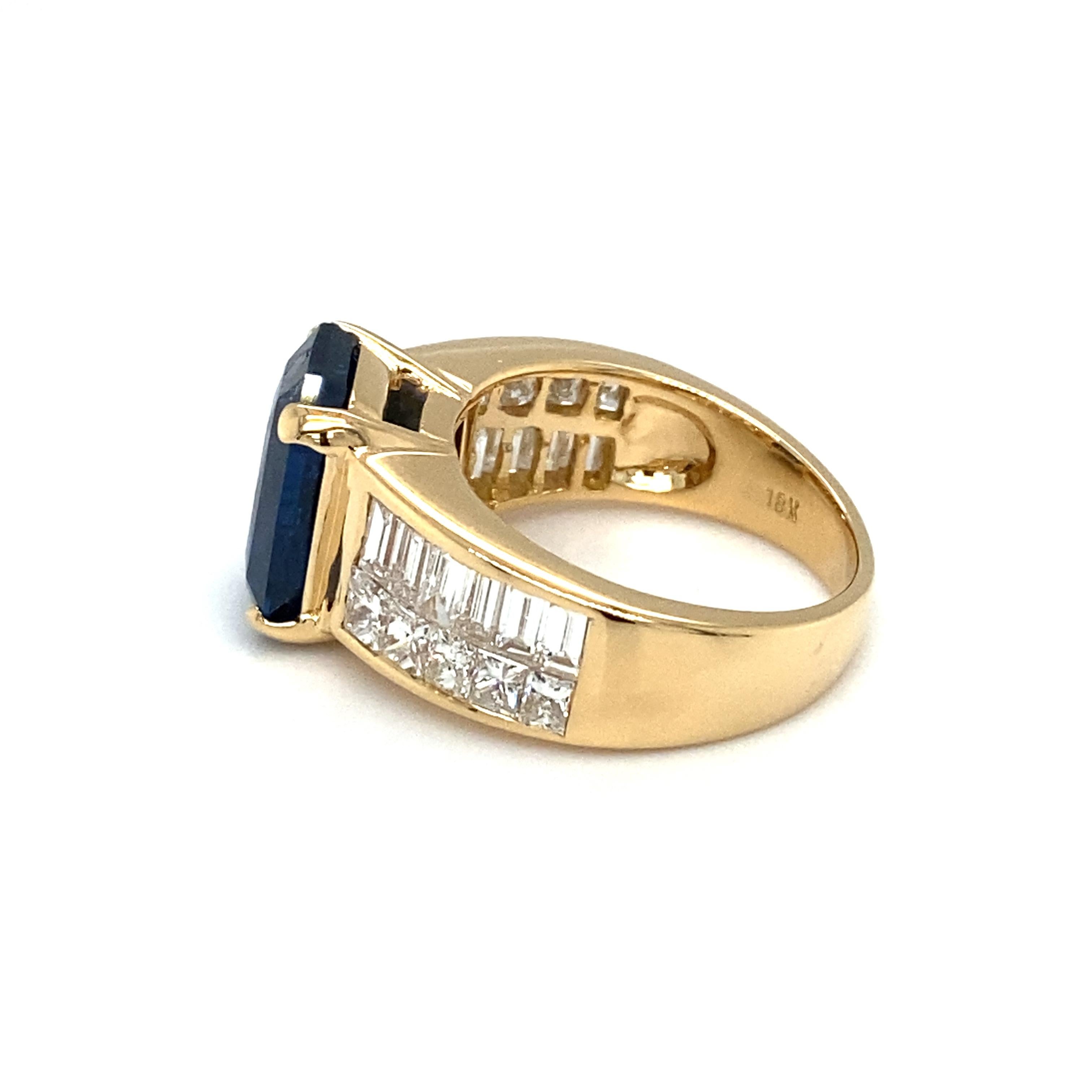 Modern GIA Certified 6.35 Carat Emerald Cut Sapphire Diamond Cocktail Ring in 18K Gold For Sale