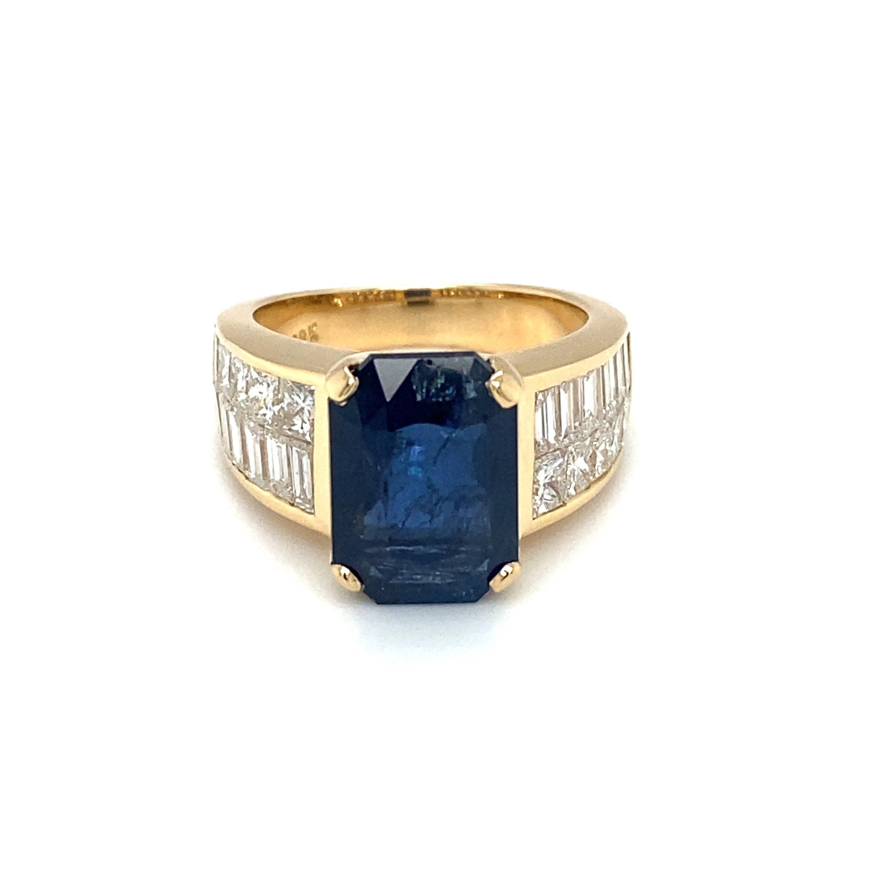 GIA Certified 6.35 Carat Emerald Cut Sapphire Diamond Cocktail Ring in 18K Gold In Excellent Condition For Sale In Atlanta, GA