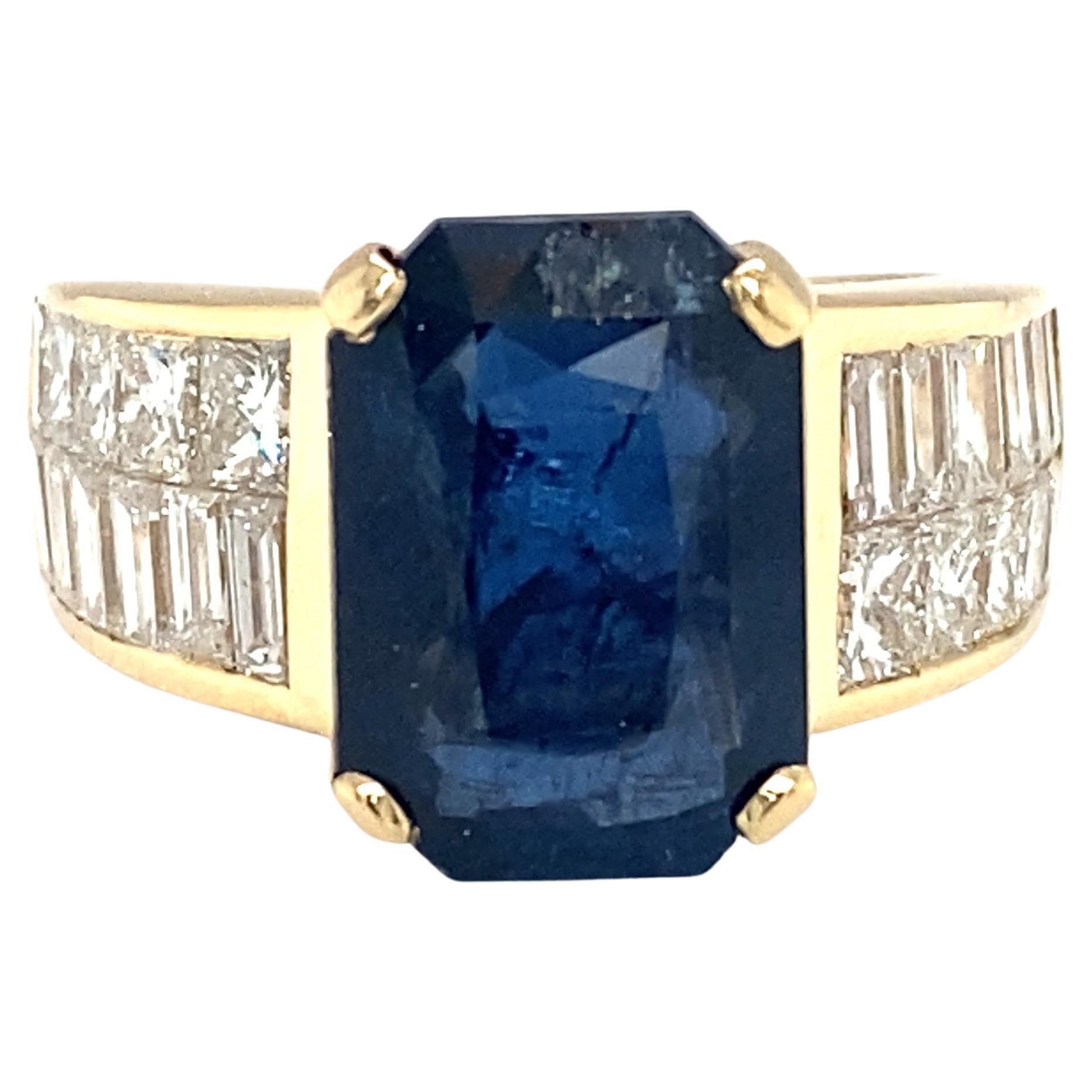 GIA Certified 6.35 Carat Emerald Cut Sapphire Diamond Cocktail Ring in 18K Gold For Sale