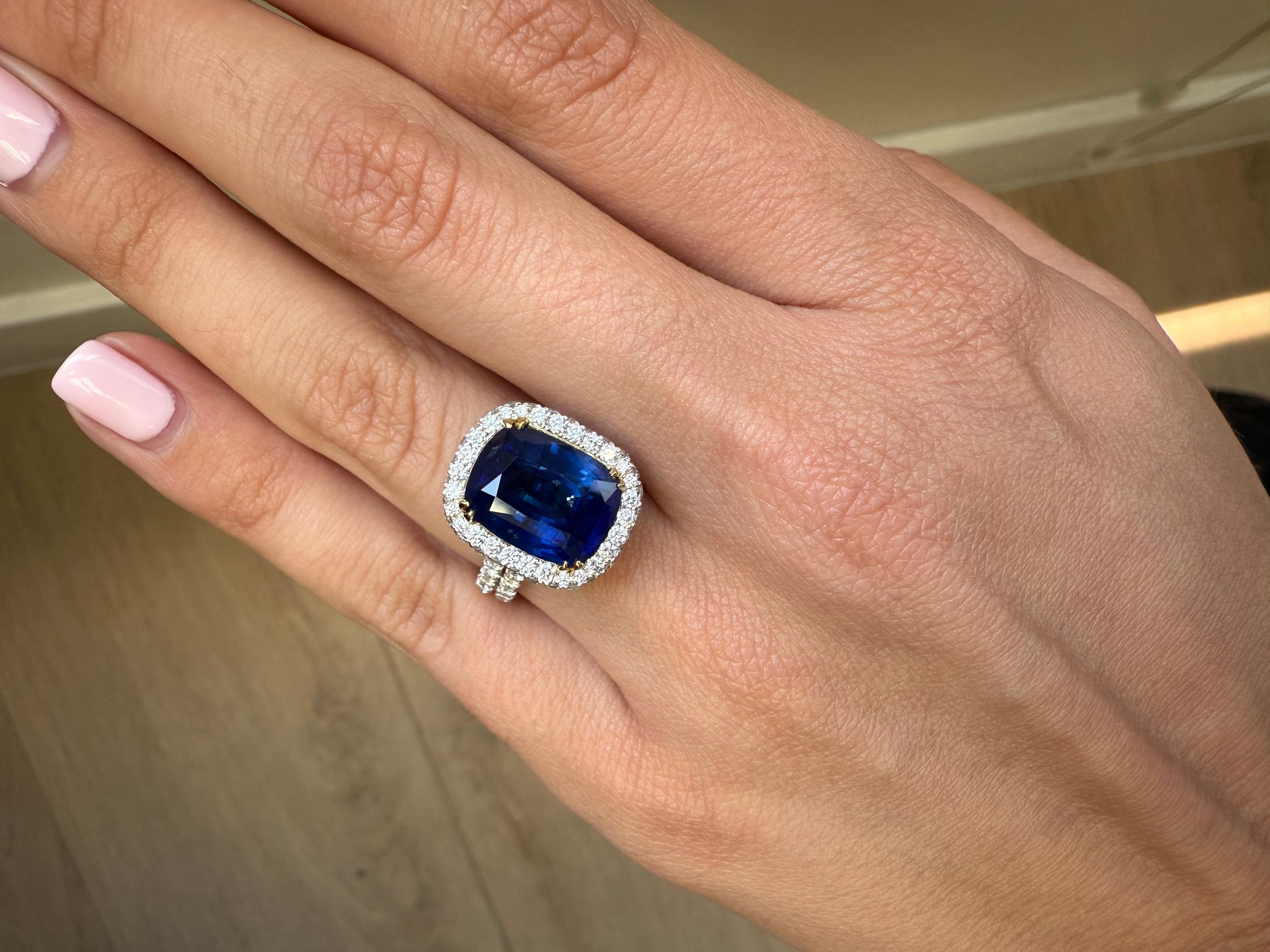 Cushion Cut GIA Certified 6.35 Sapphire and halo Diamond Ring For Sale