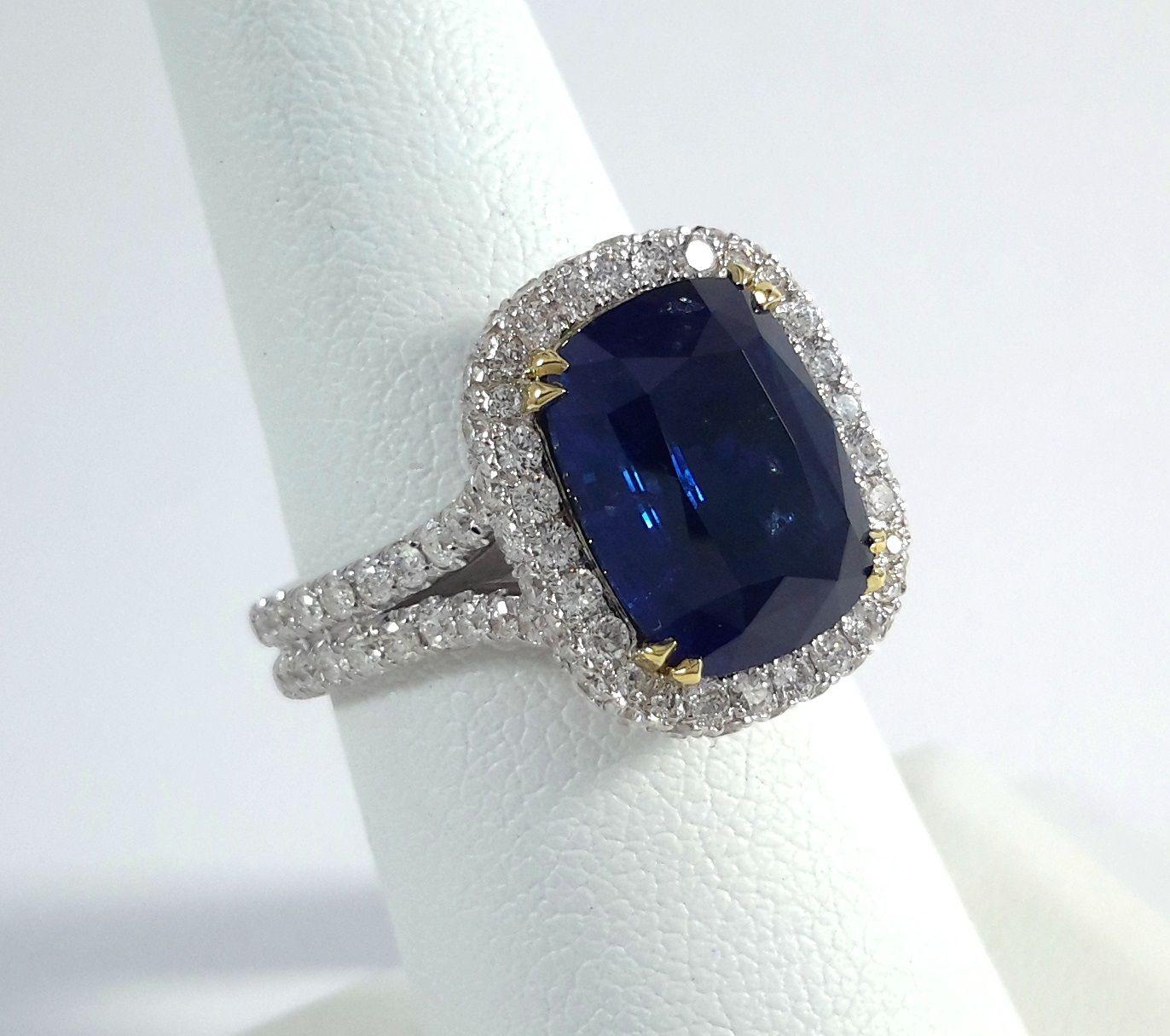 GIA Certified 6.35 Sapphire and halo Diamond Ring In New Condition For Sale In Los Angeles, CA