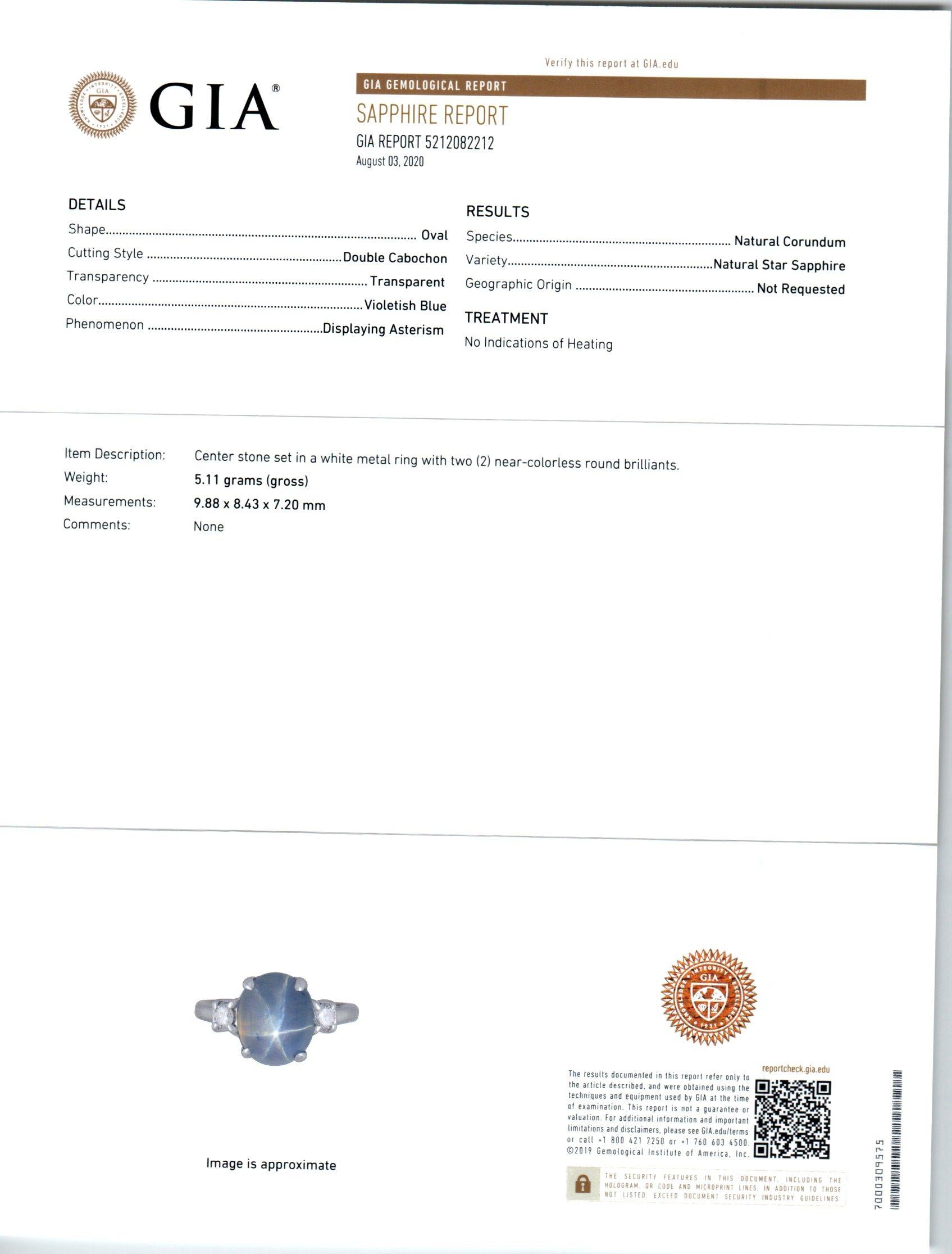 GIA Certified 6.37 Carat Star Sapphire Diamond Platinum Ring For Sale 2