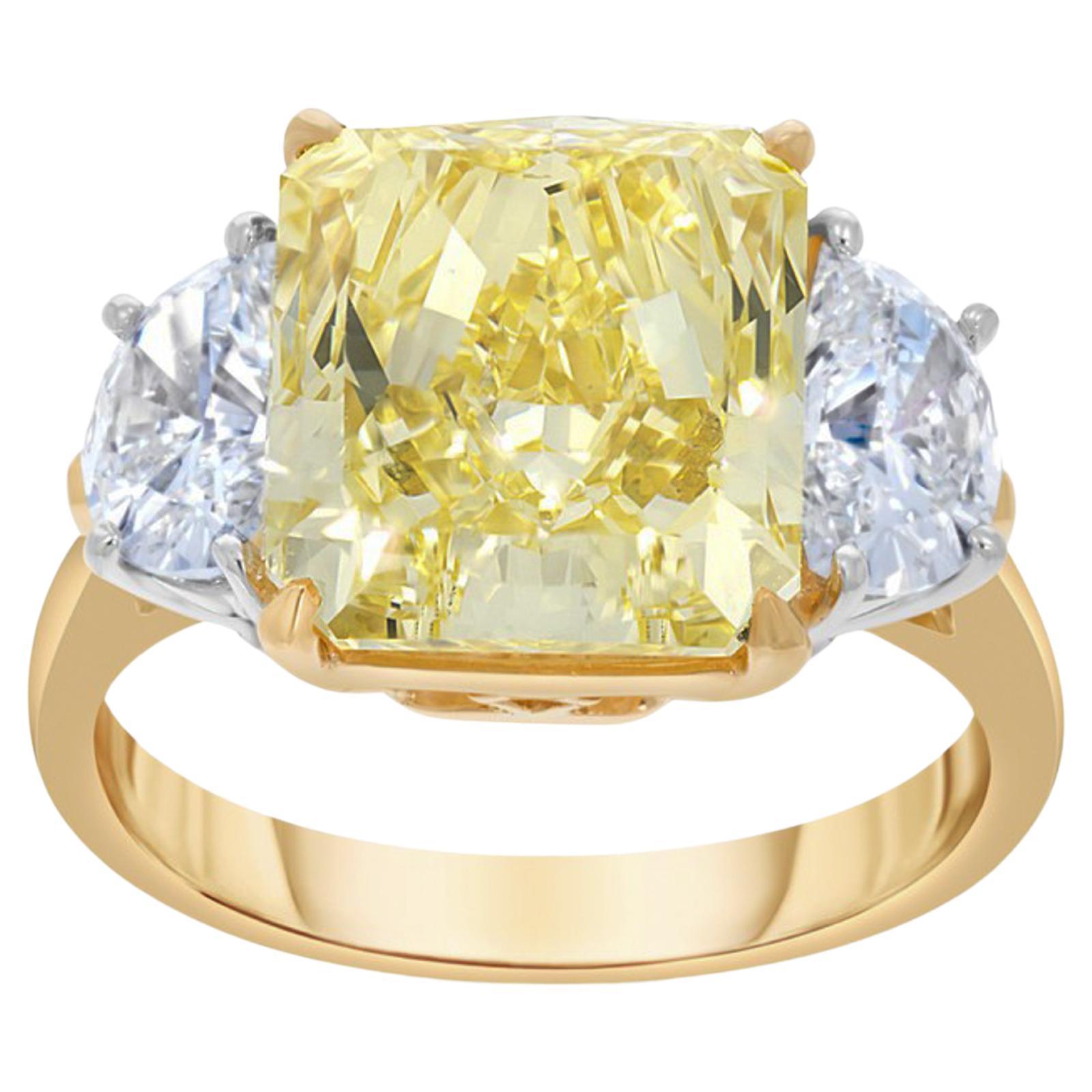 GIA Certified 6.37 Radiant Fancy Intense Yellow Diamond Platinum 18K Ring For Sale