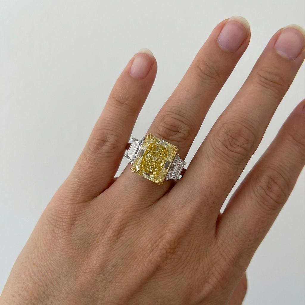 Taglio radiant Anello con diamante giallo intenso da 6,39 carati certificato GIA in vendita