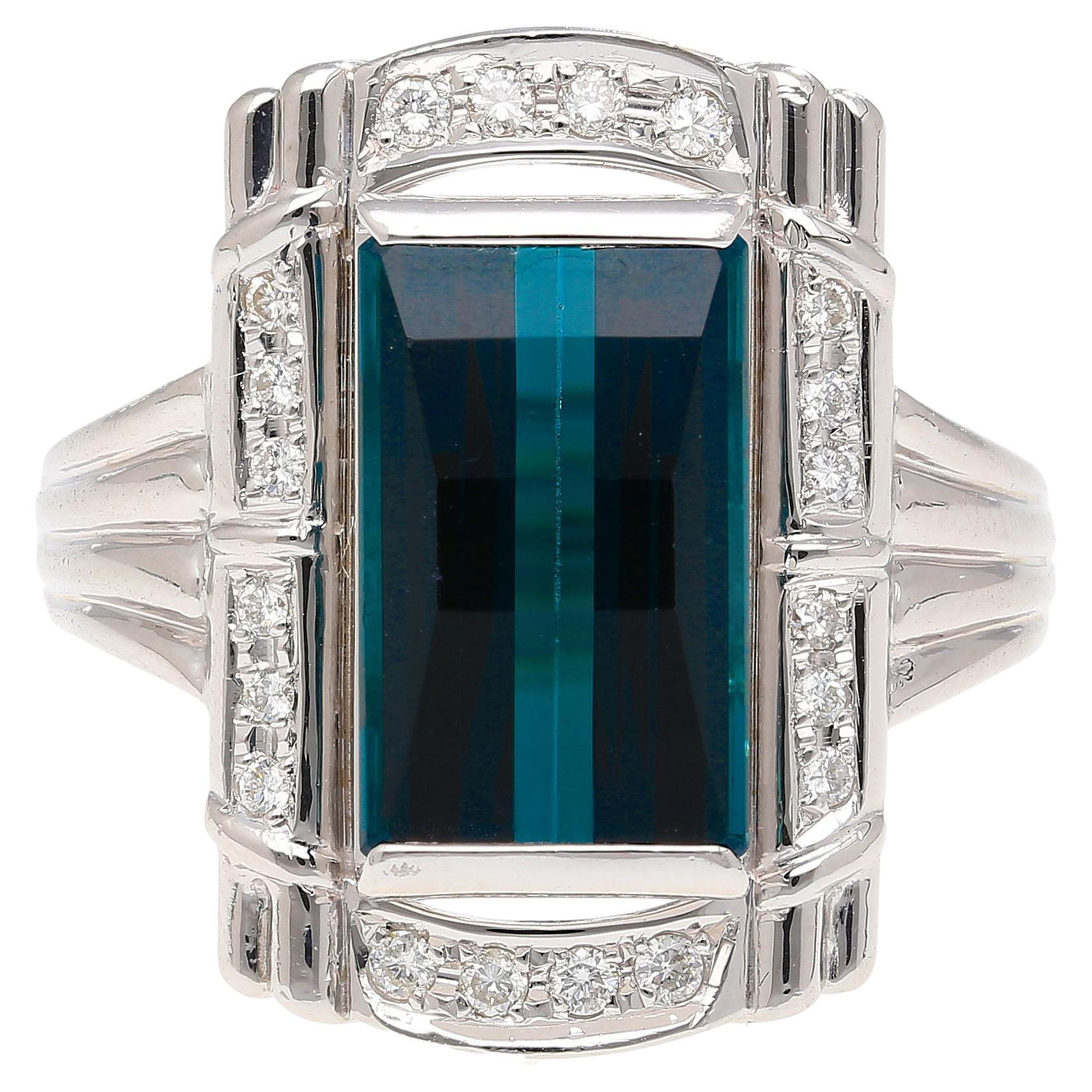 GIA Certified 6.40 Carat Blue Indicolite Tourmaline Vintage Retro Platinum Ring