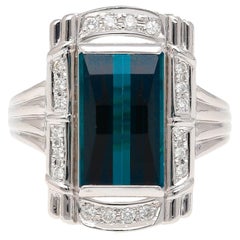 GIA Certified 6.40 Carat Blue Indicolite Tourmaline Vintage Retro Platinum Ring