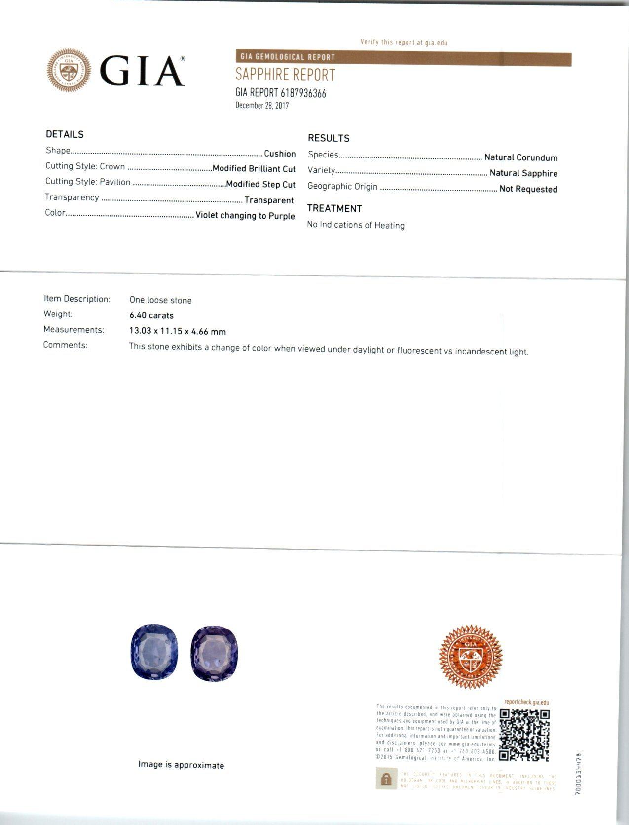 Cushion Cut GIA Certified 6.40 Carat Color Change Sapphire Diamond Platinum Ring For Sale