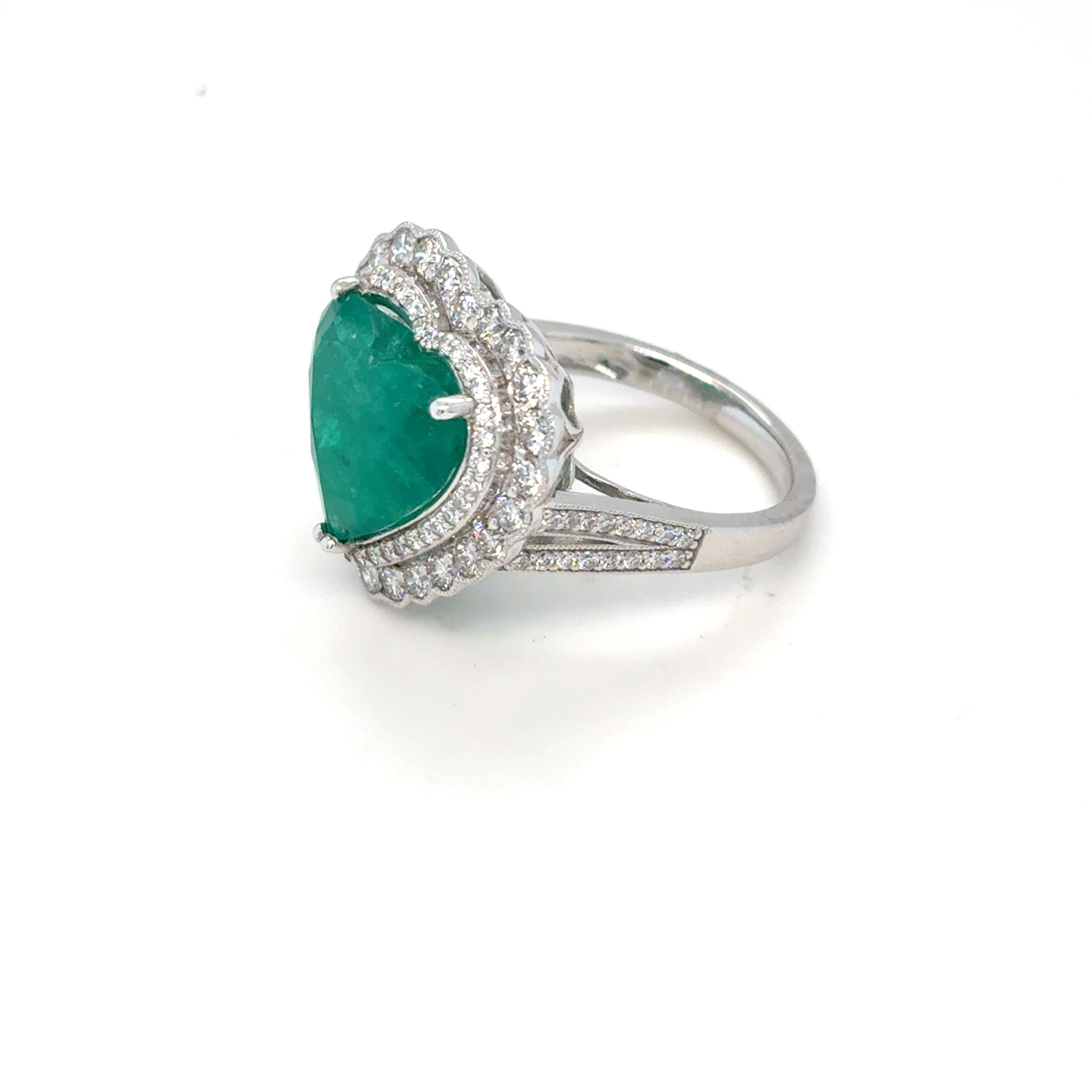 GIA Certified 6.42 Carat Heart Cut Colombian Emerald Diamond Ring For Sale 7