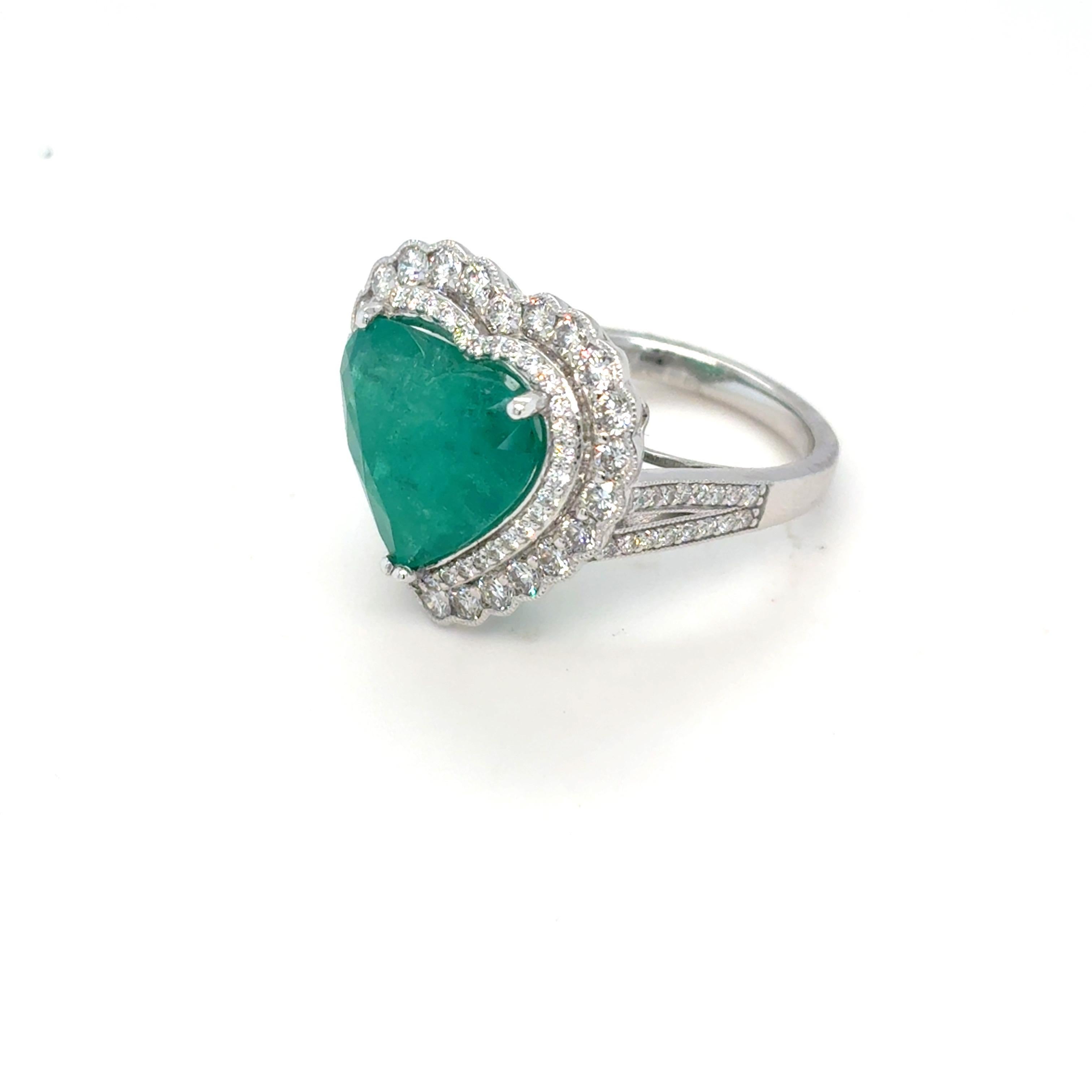 GIA Certified 6.42 Carat Heart Cut Colombian Emerald Diamond Ring For Sale 8