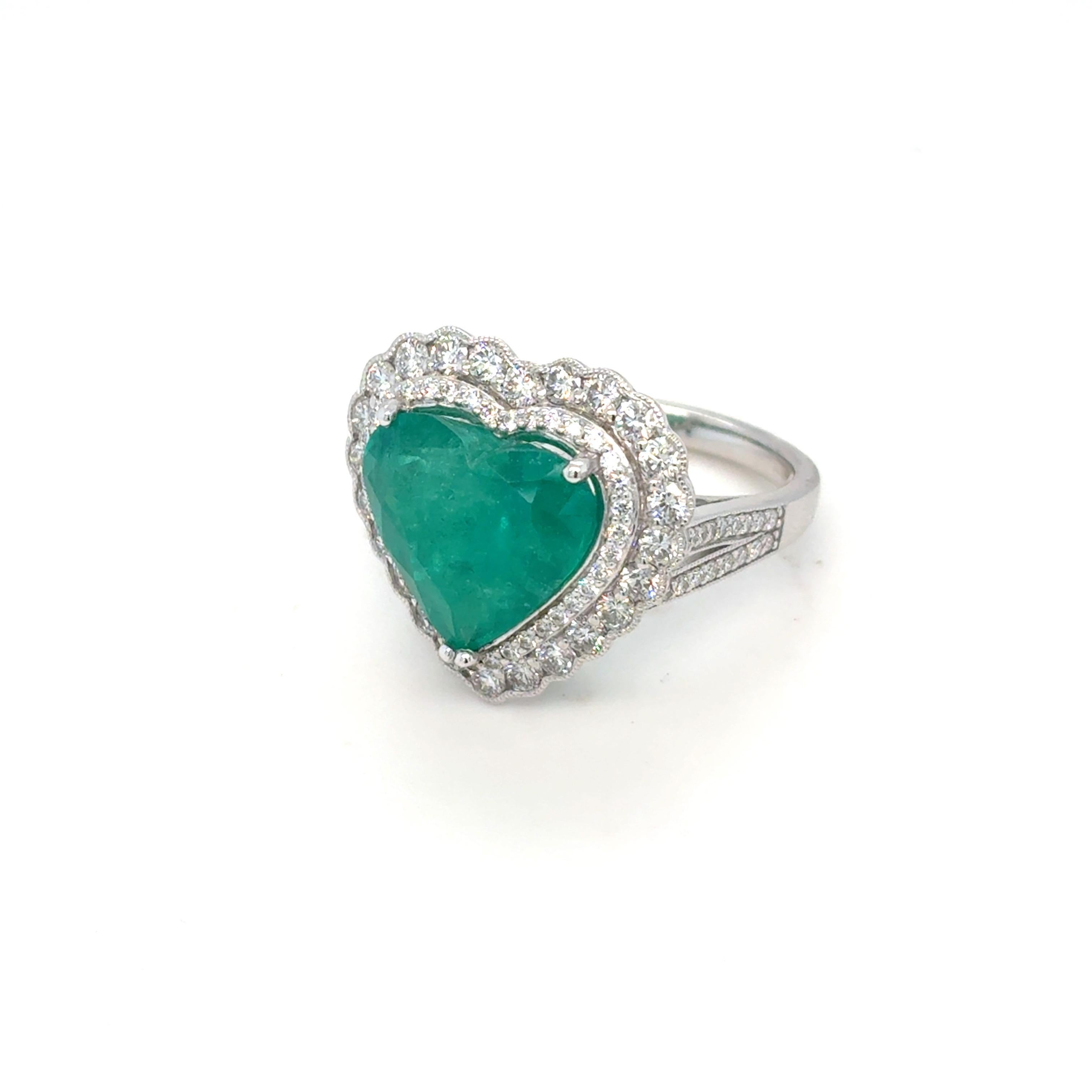 GIA Certified 6.42 Carat Heart Cut Colombian Emerald Diamond Ring For Sale 10
