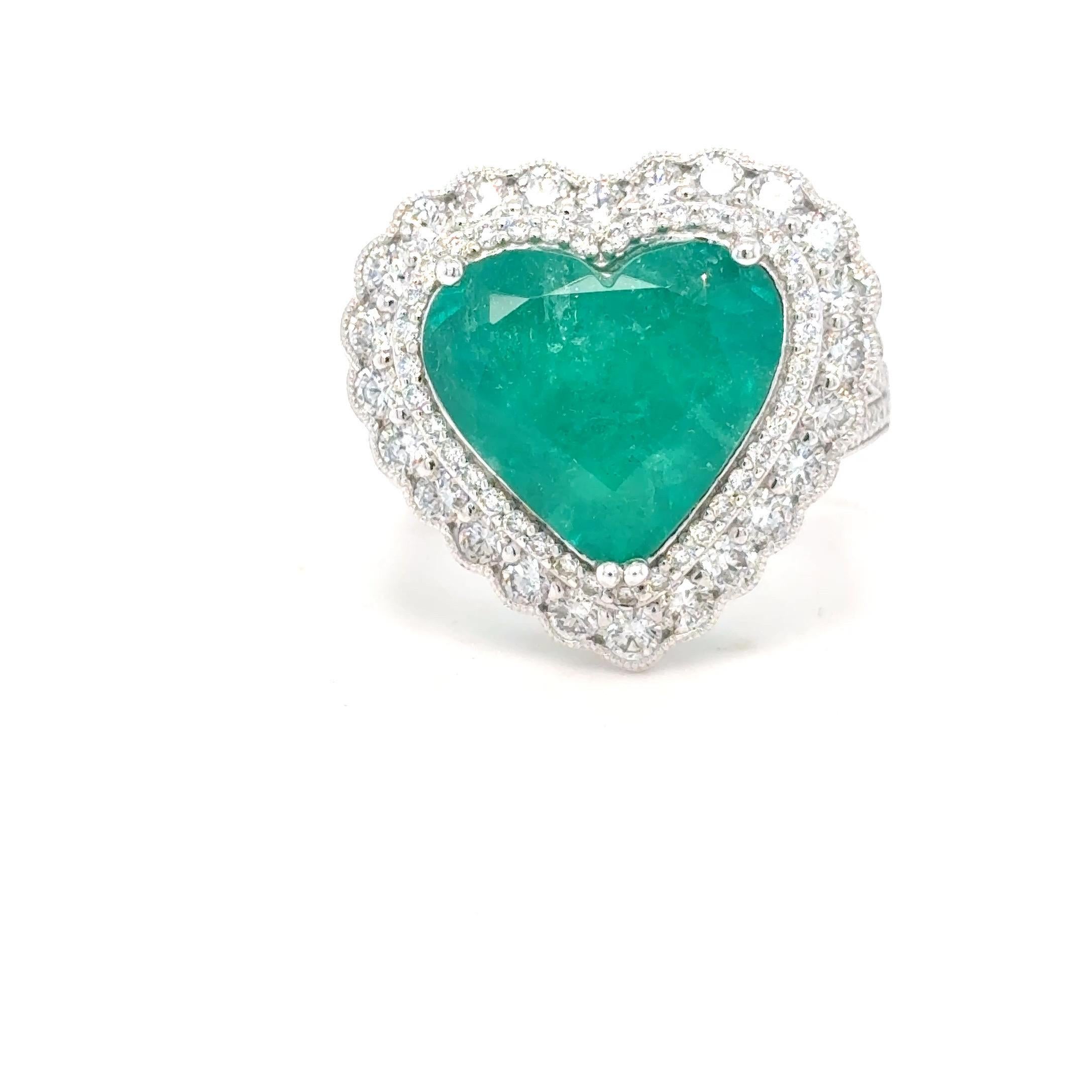 GIA Certified 6.42 Carat Heart Cut Colombian Emerald Diamond Ring For Sale 14