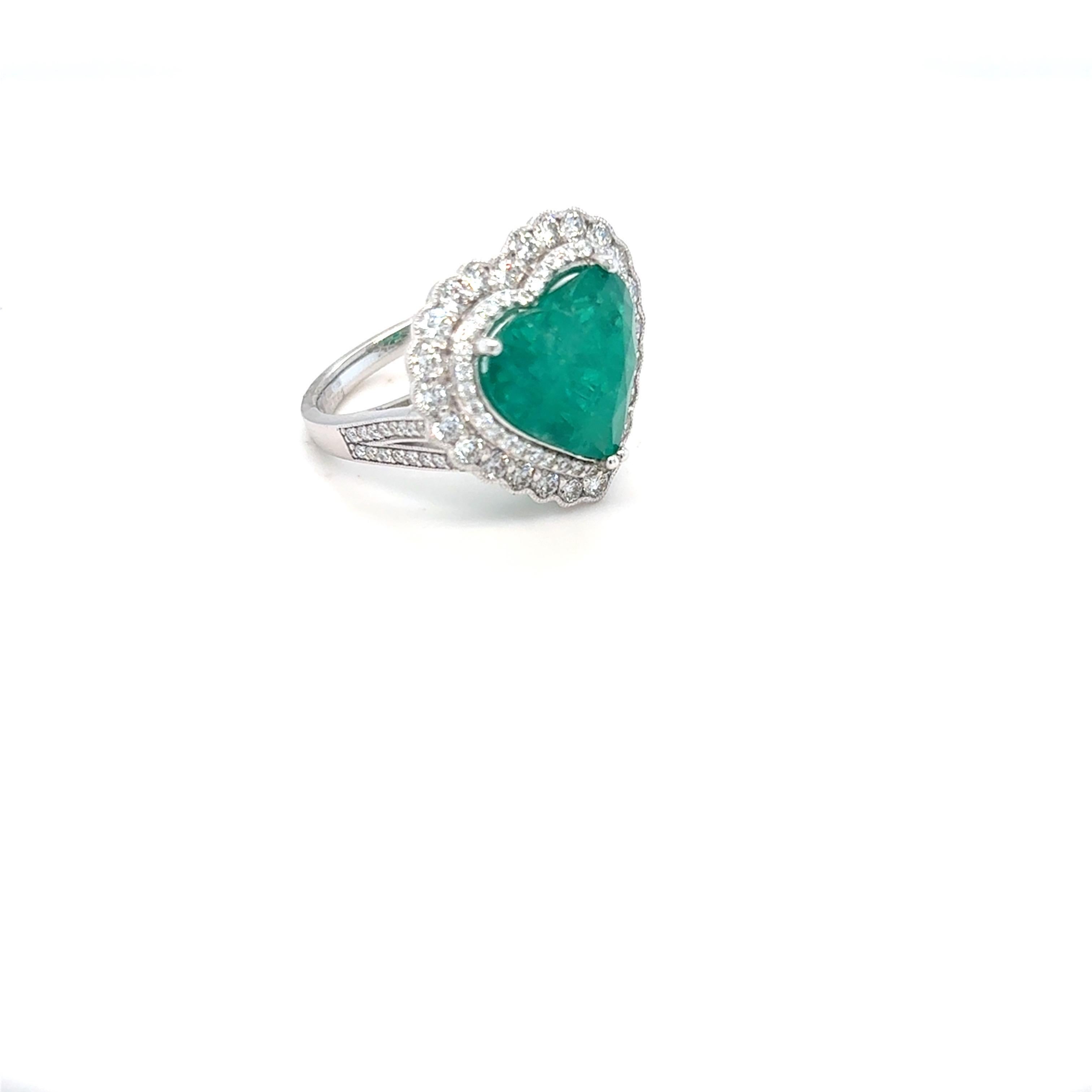 GIA Certified 6.42 Carat Heart Cut Colombian Emerald Diamond Ring For Sale 3