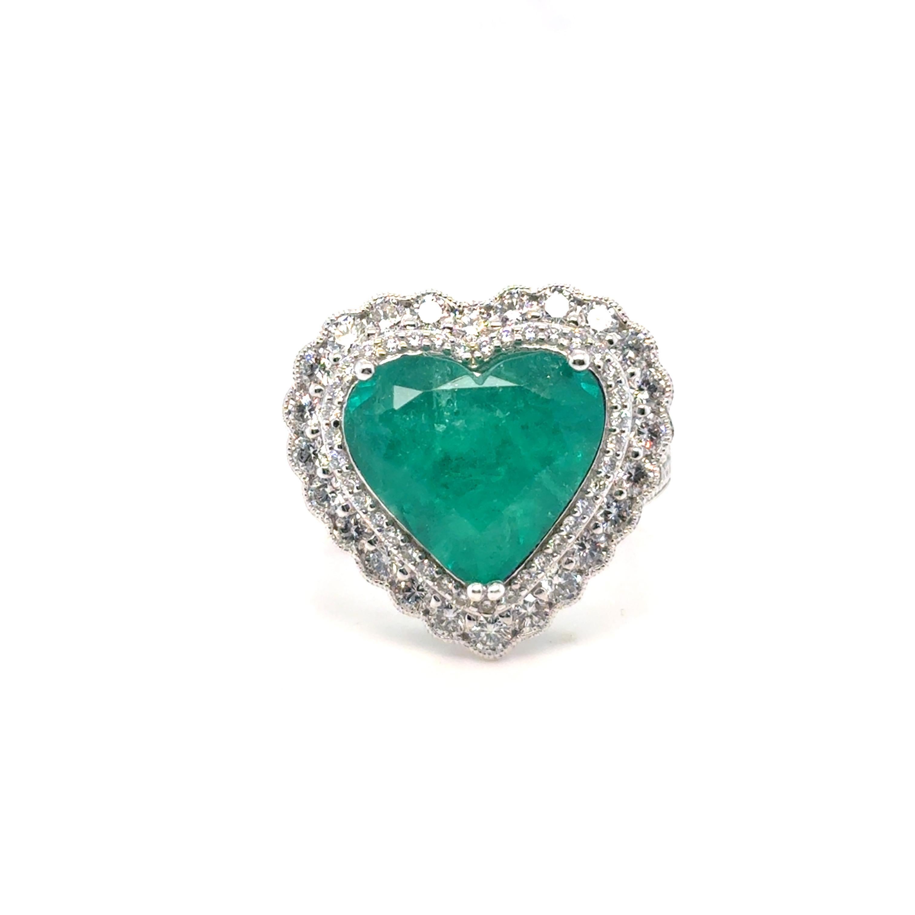 GIA Certified 6.42 Carat Heart Cut Colombian Emerald Diamond Ring For Sale 4