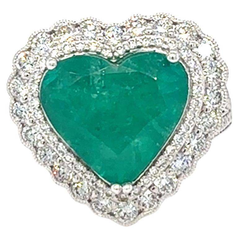 GIA Certified 6.42 Carat Heart Cut Colombian Emerald Diamond Ring For Sale