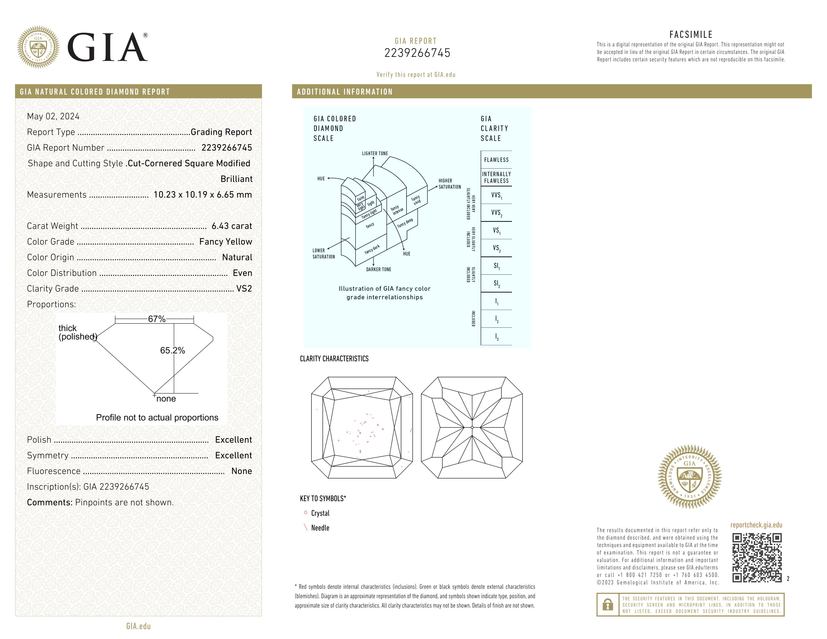 Radiant Cut GIA Certified 6.43 Carat Radiant Fancy Yellow Diamond Ring For Sale