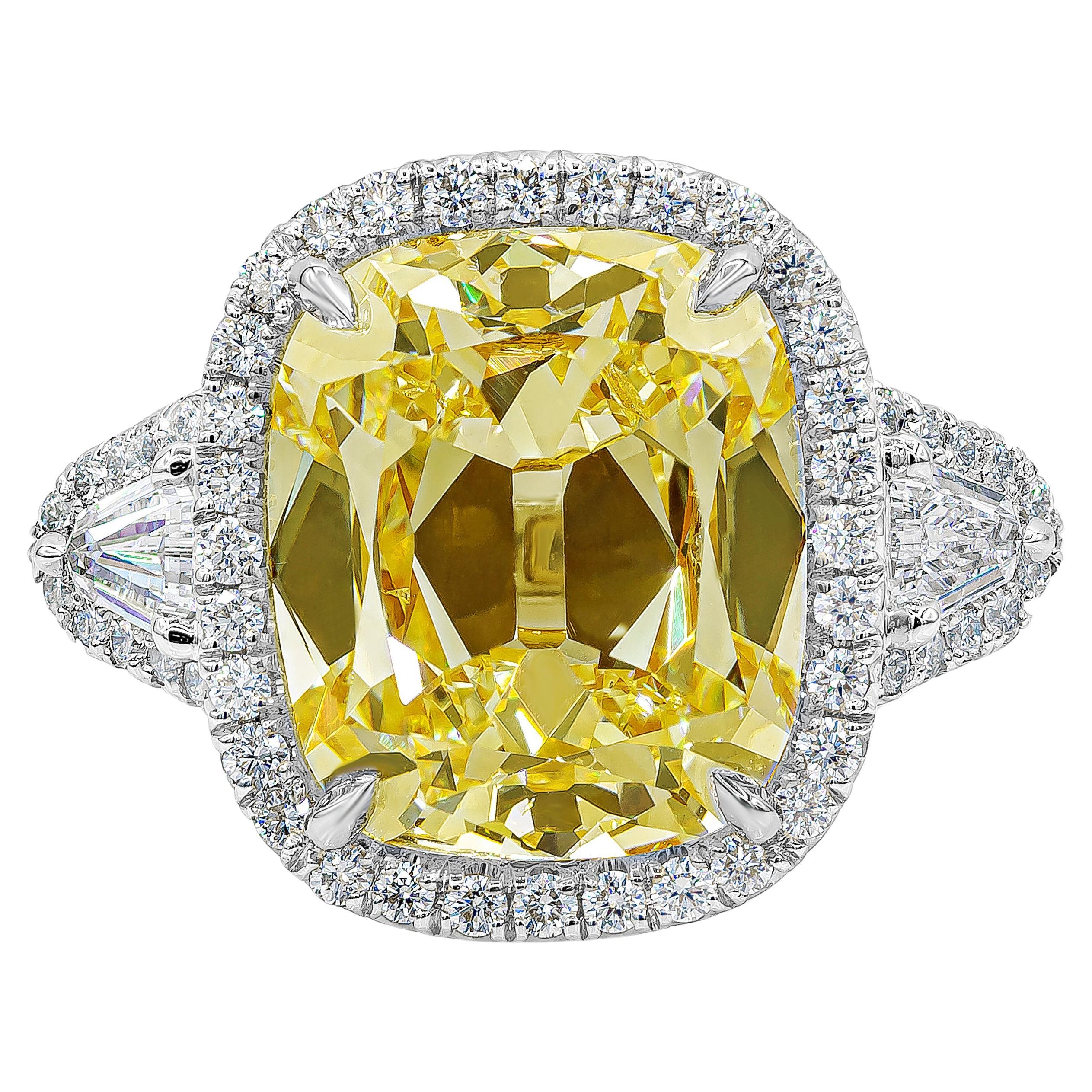 GIA Certified 6.47 Carat Cushion Yellow Diamond Three-Stone Halo Engagement Ring For Sale