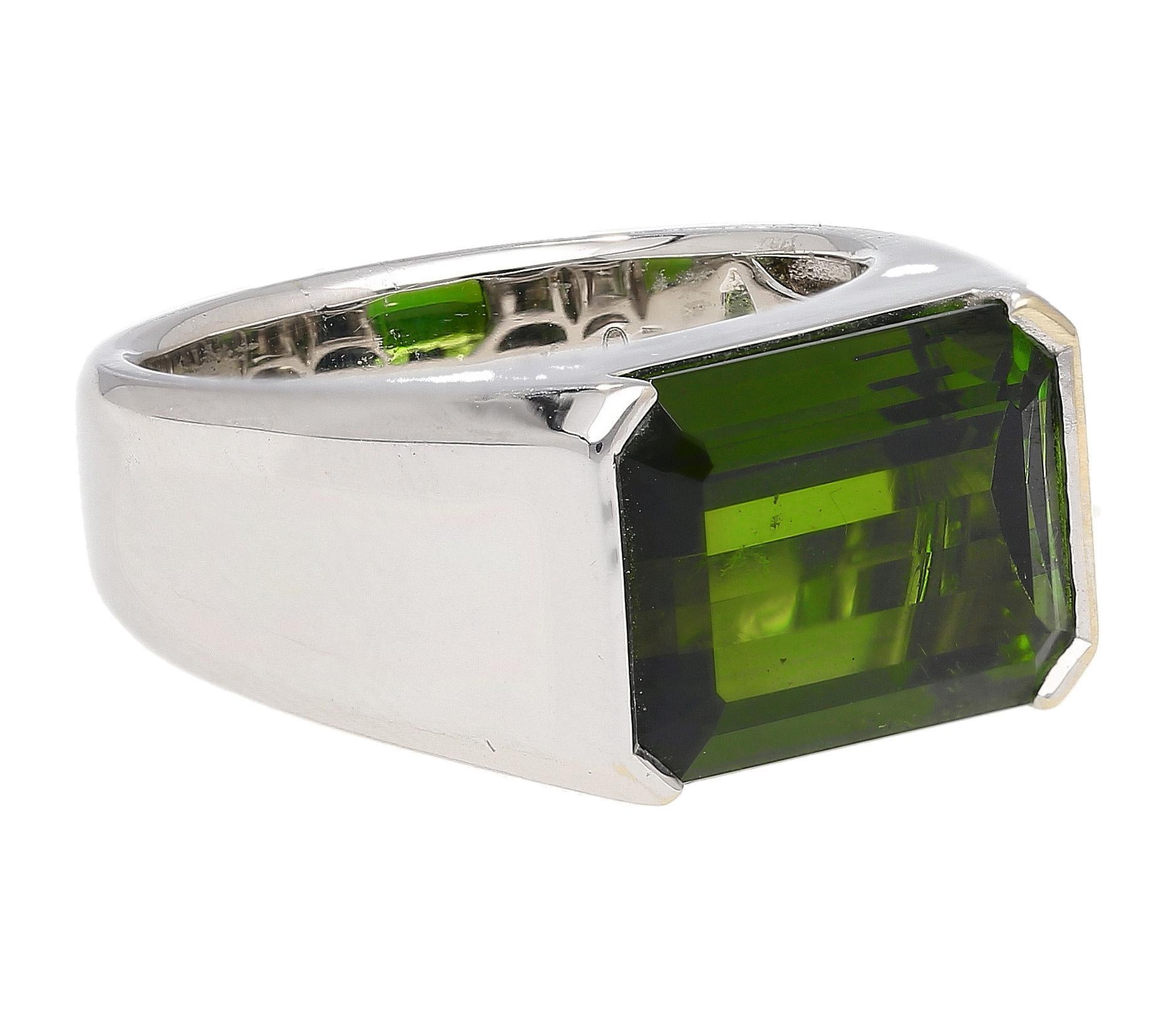 Women's or Men's GIA Certified 6.47 Carat Green Tourmaline East-West Half Bezel 18K Ring For Sale