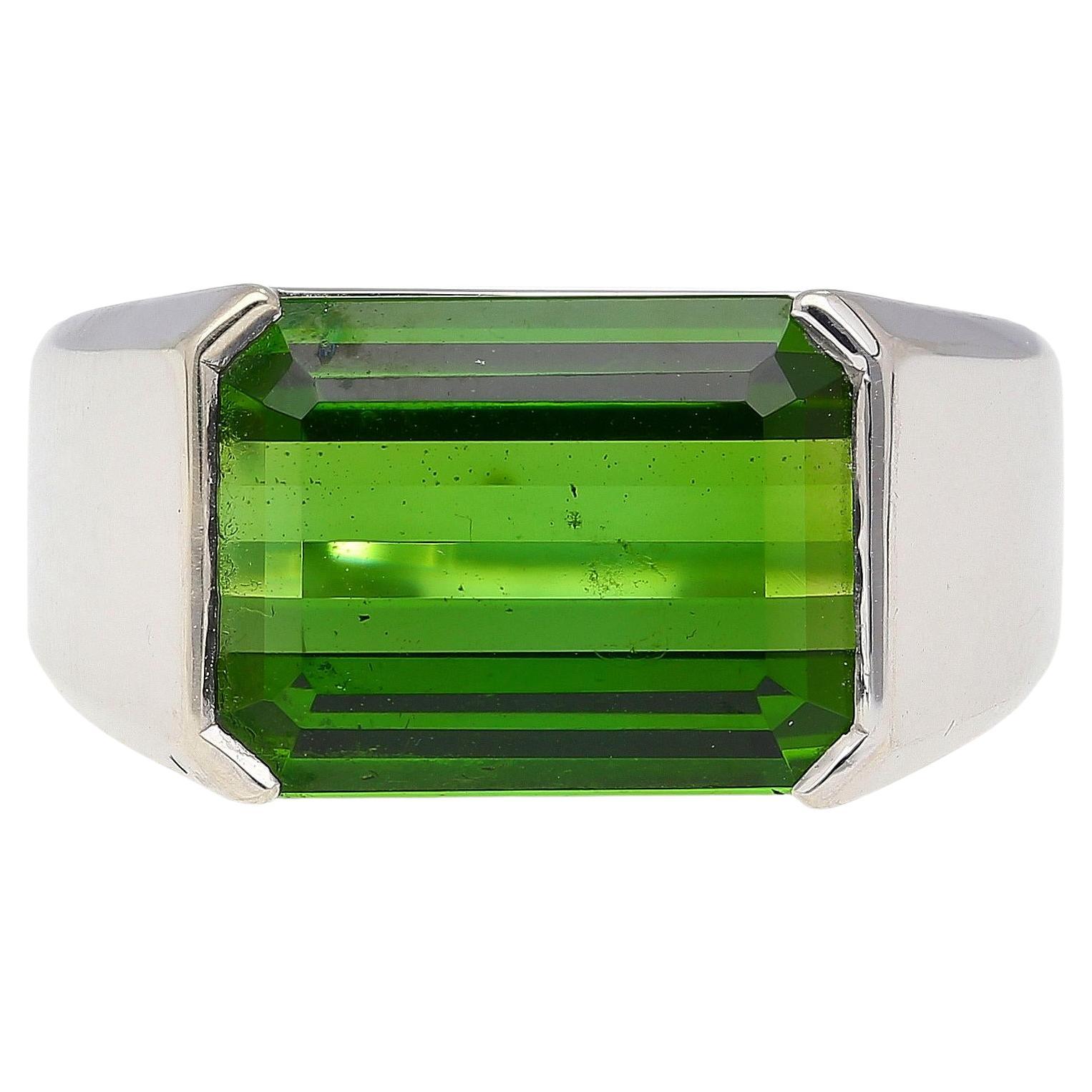 GIA Certified 6.47 Carat Green Tourmaline East-West Half Bezel 18K Ring For Sale