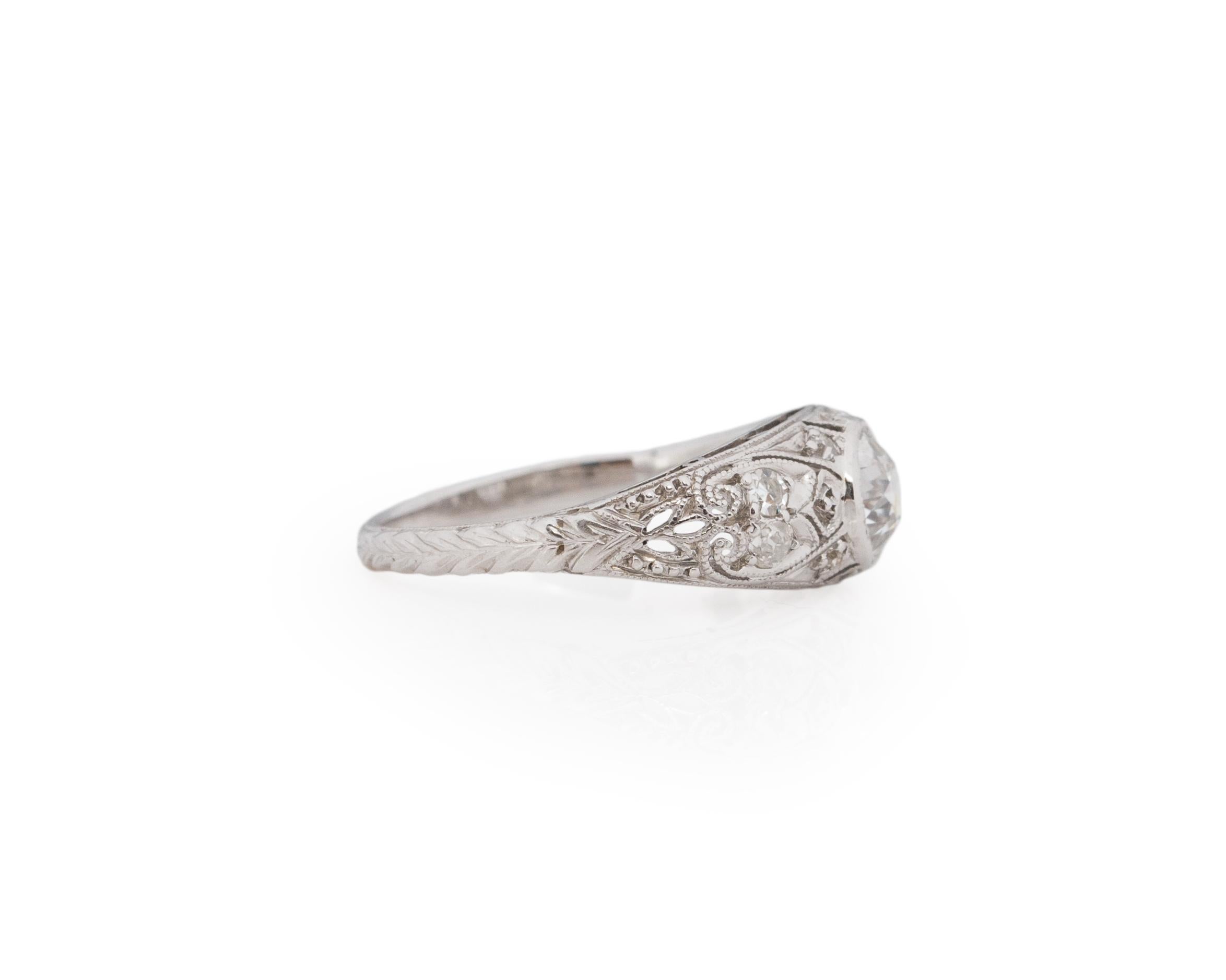 Ring Size: 5.5
Metal Type: Platinum [Hallmarked, and Tested]
Weight: 2.25 grams

Diamond Details:
GIA REPORT #: 6227458002
Weight: .65ct
Cut: Old European brilliant
Color: F
Clarity: SI2
Measurements: 5.37mm x 5.19mm x 3.67mm

Finger to Top of Stone