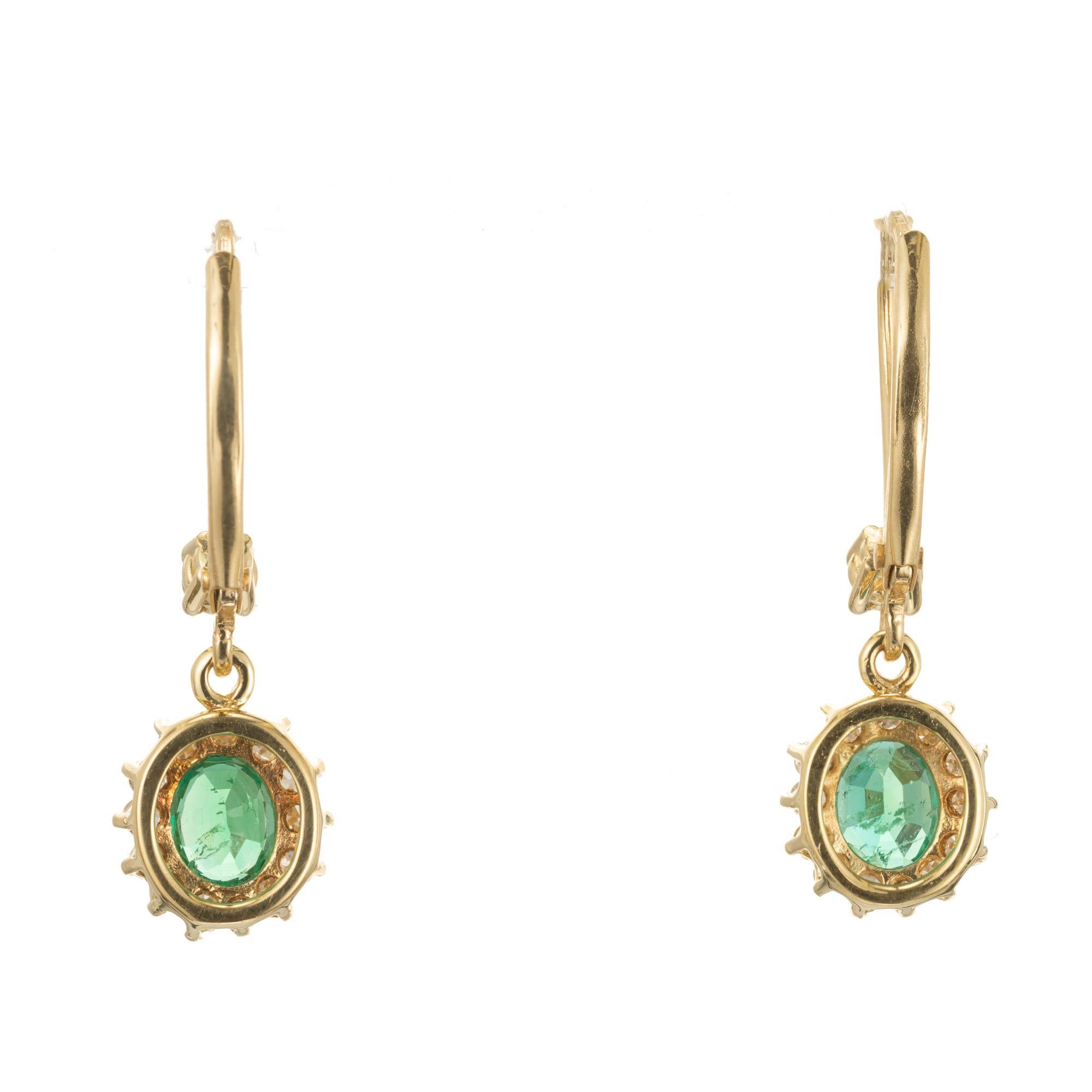 Oval Cut GIA Certified .65 Carat Emerald Diamond Halo Yellow Gold Dangle Earrings