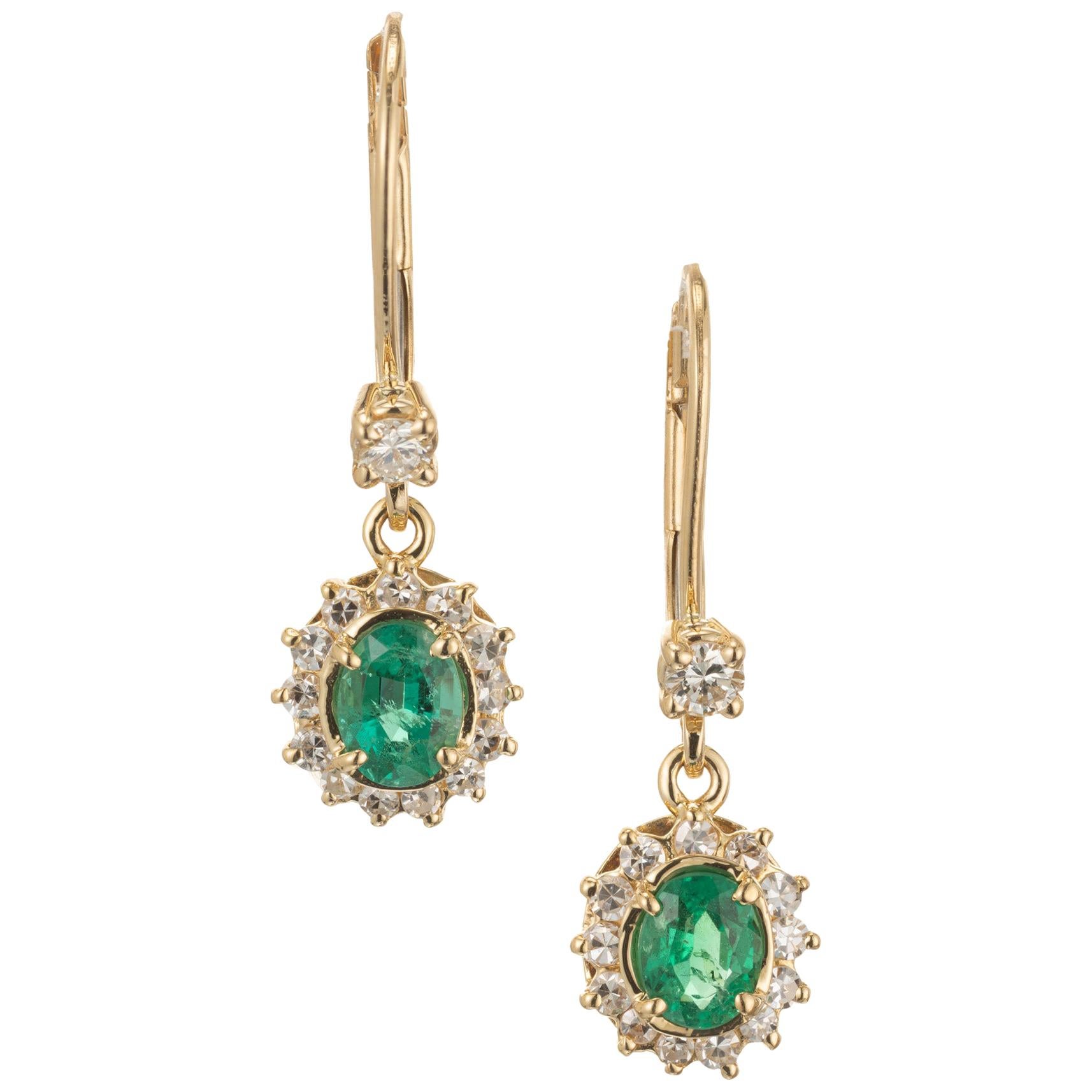 GIA Certified .65 Carat Emerald Diamond Halo Yellow Gold Dangle Earrings
