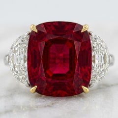 GIA Certified 6.5 Carat No Heat Burmese Ruby Diamond Three-Stone Ring