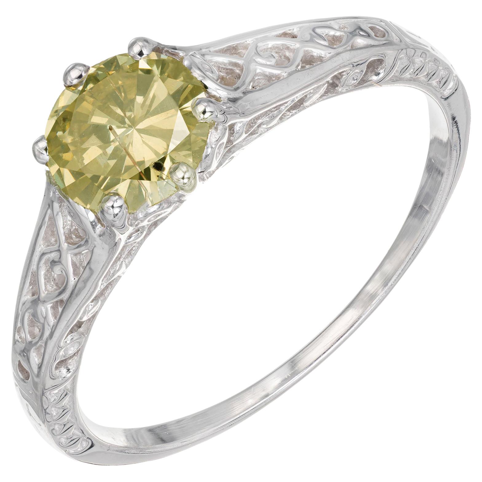 GIA Certified .65 Carat Yellow Diamond White Gold Engagement Ring For Sale