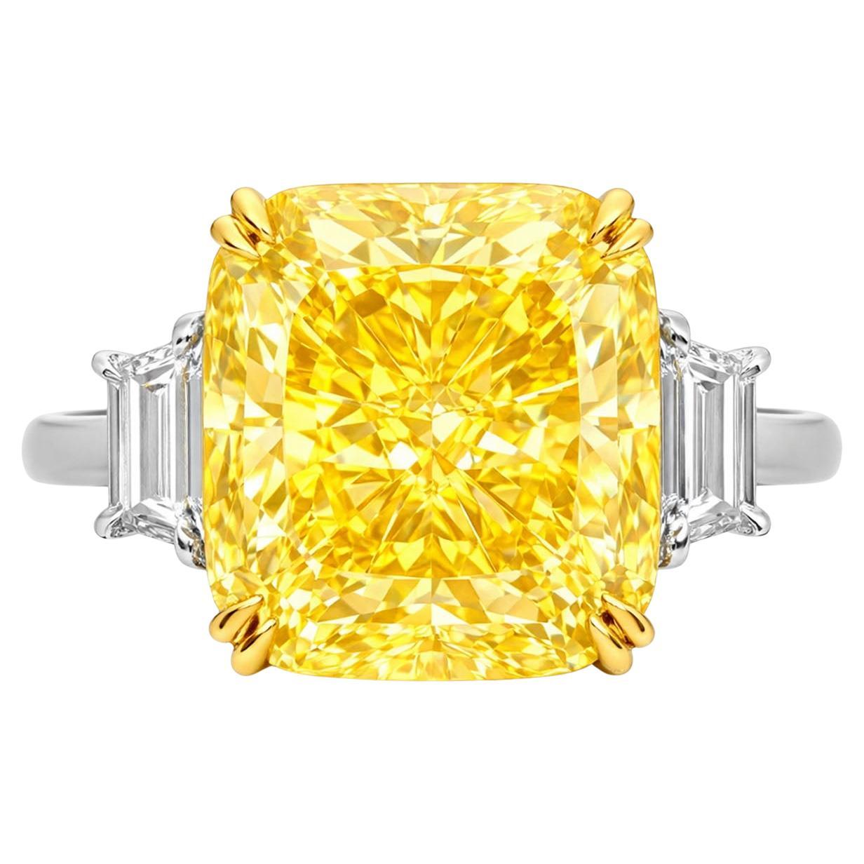 GIA Certified 6.50 Carat Cushion Cut Fancy Yellow Diamond Three Stone Ring