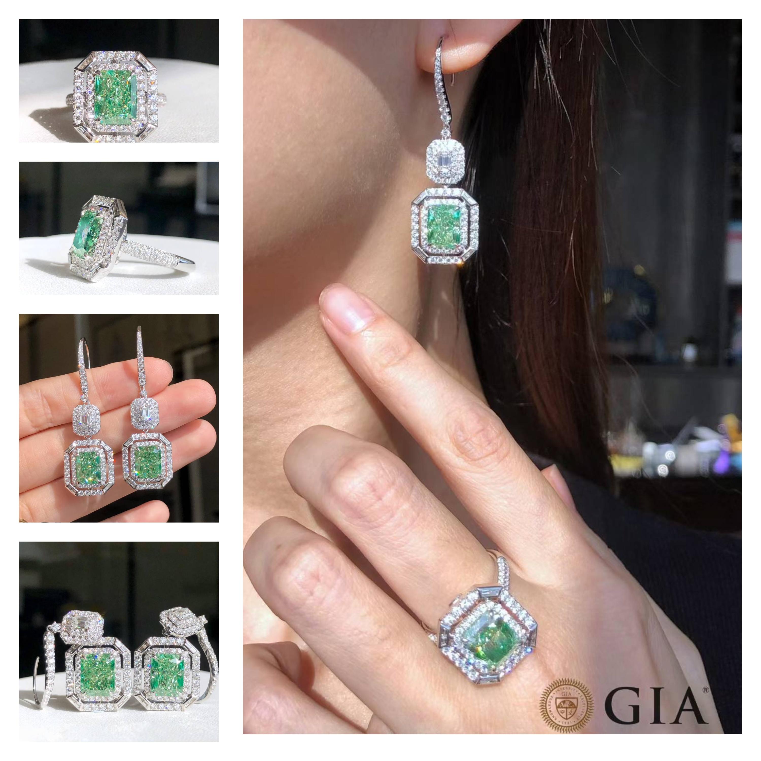 GIA Certified 6.50 Carat Fancy Green Diamond Earrings in 18K White Gold For Sale 3