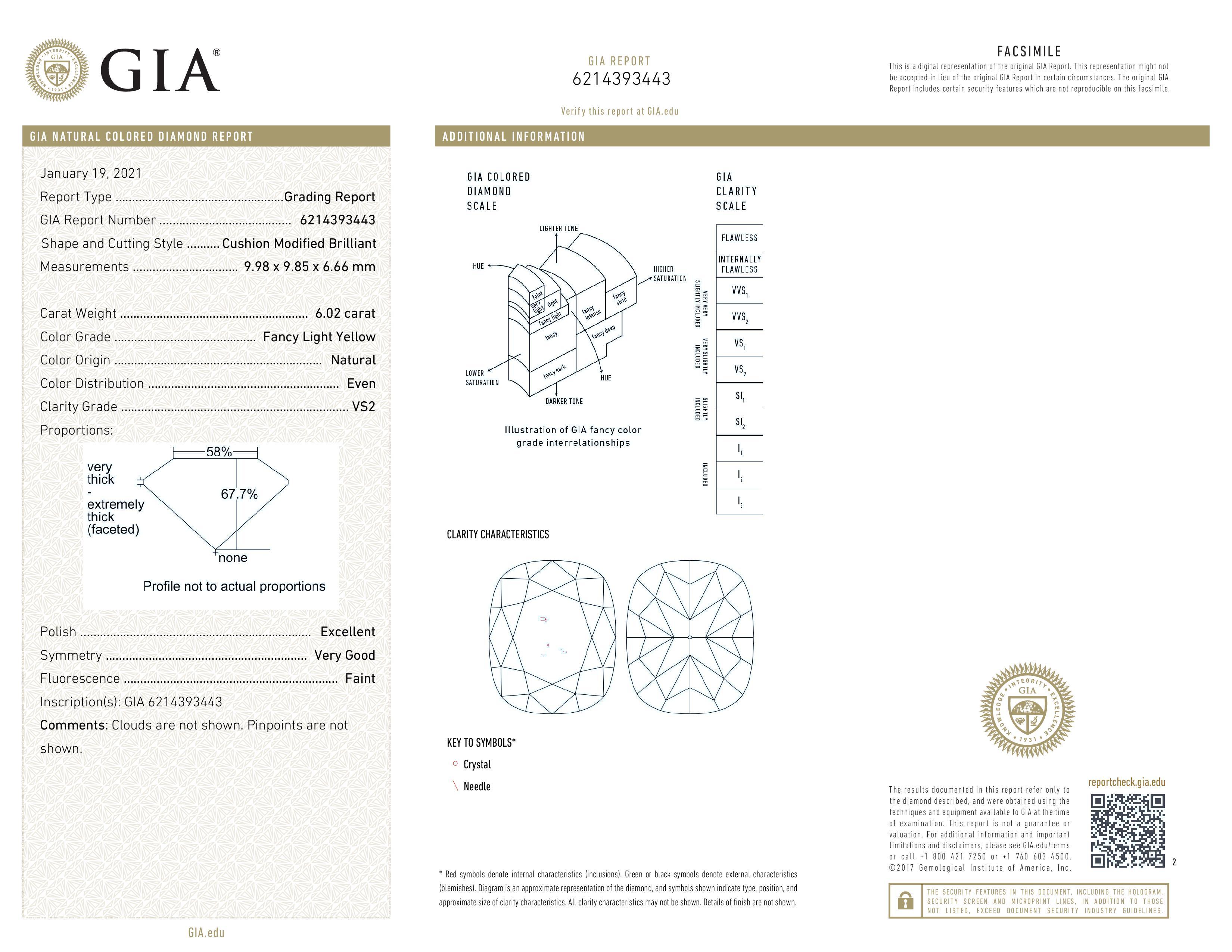 Modern GIA Certified 6.50 Carat Fancy Light Yellow Cushion Diamond Ring VS Clarity