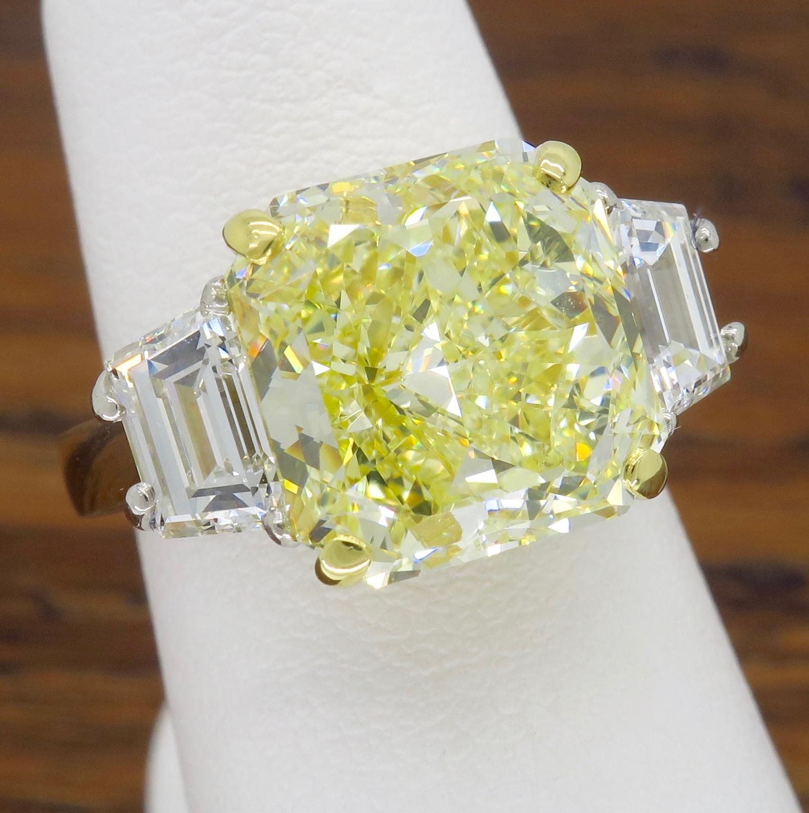 GIA Certified 6.50 Carat Fancy Yellow Diamond Three-Stone Ring  6