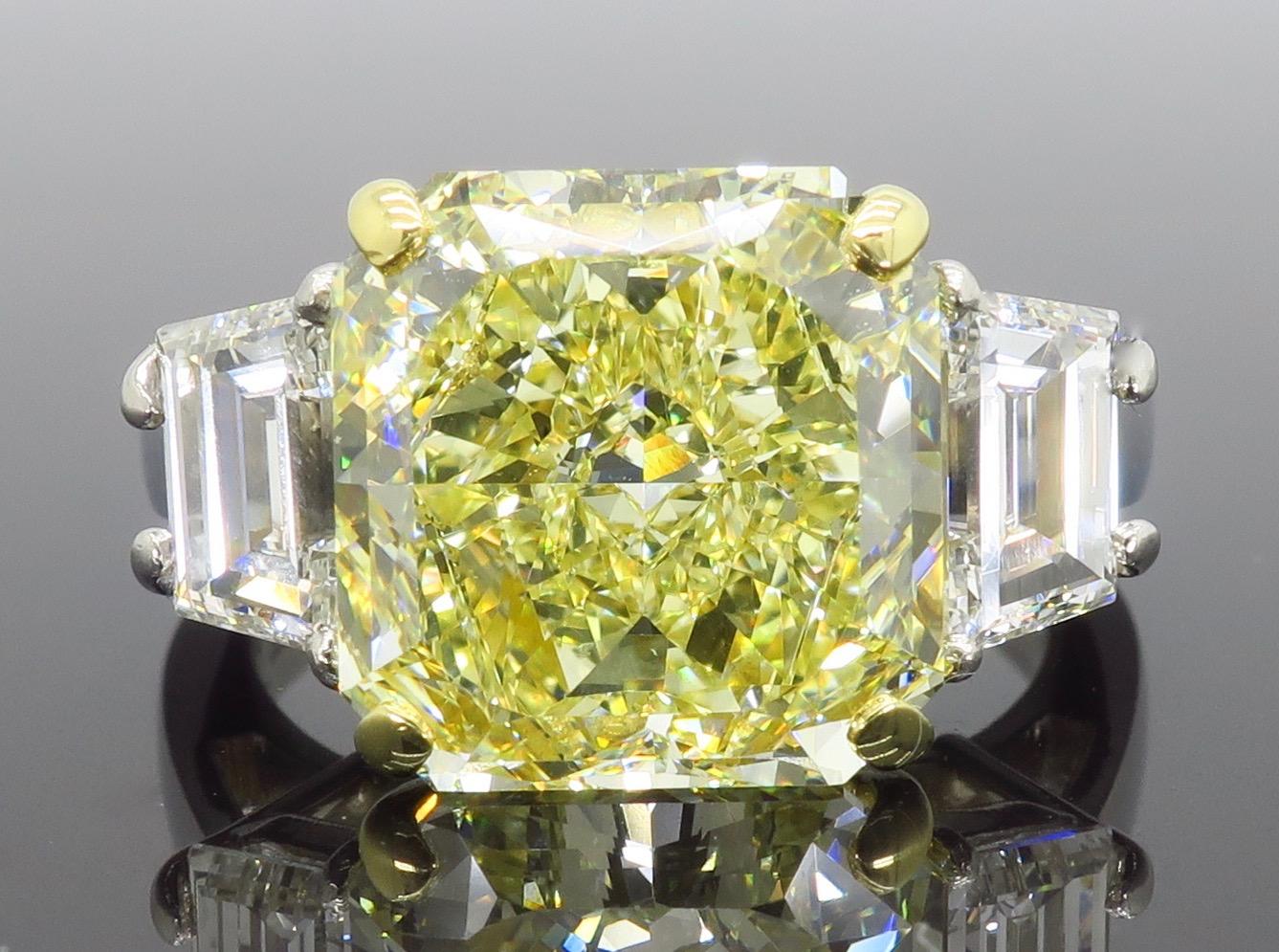 Radiant Cut GIA Certified 6.50 Carat Fancy Yellow Diamond Three-Stone Ring 