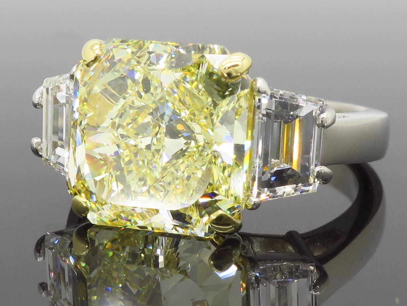 GIA Certified 6.50 Carat Fancy Yellow Diamond Three-Stone Ring  In Excellent Condition In Webster, NY
