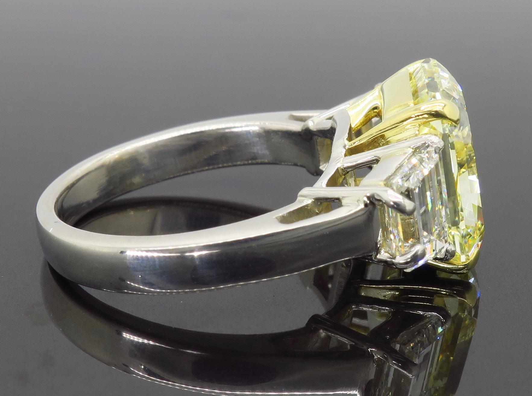 Women's GIA Certified 6.50 Carat Fancy Yellow Diamond Three-Stone Ring 