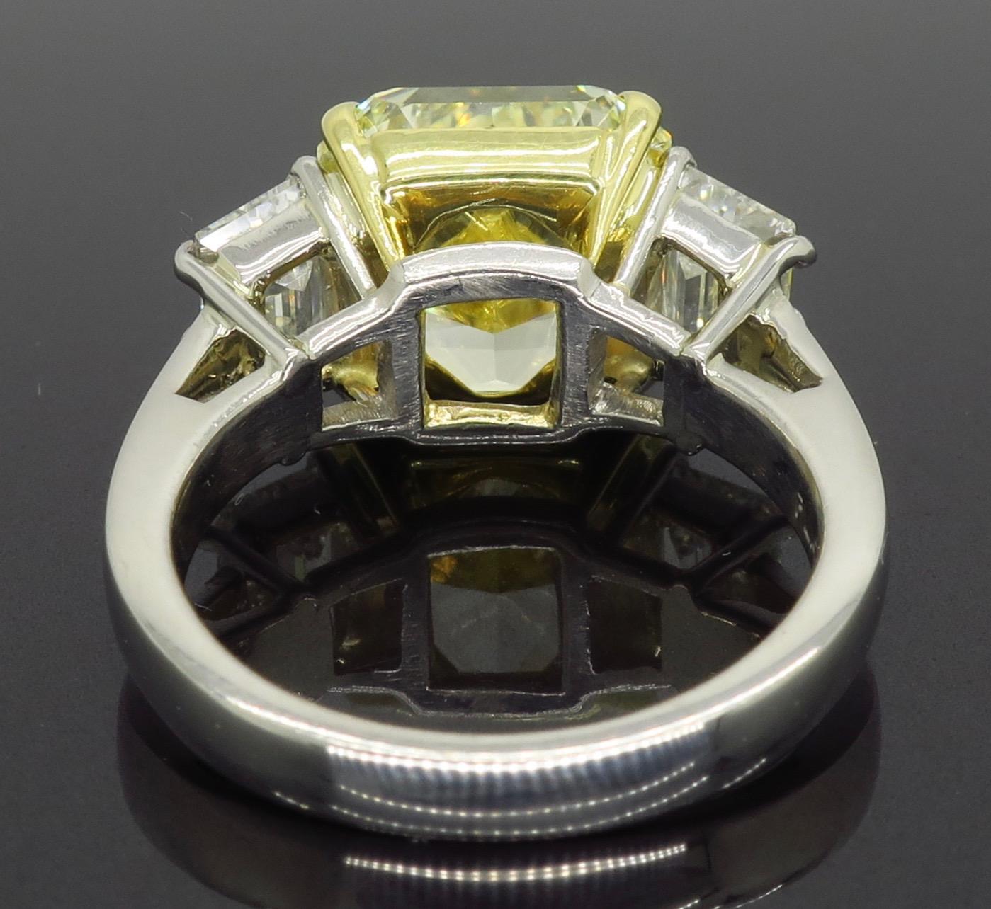 GIA Certified 6.50 Carat Fancy Yellow Diamond Three-Stone Ring  3