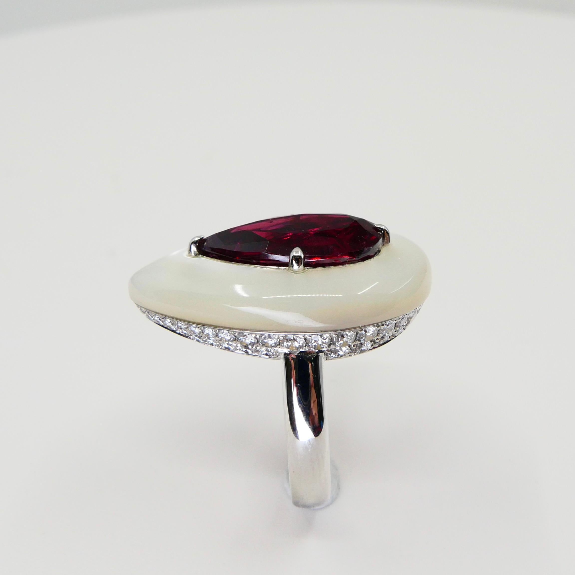 Pear Cut GIA Certified 6.50 Cts No Heat Red Spinel, Mother of Pearl & Diamond Ring