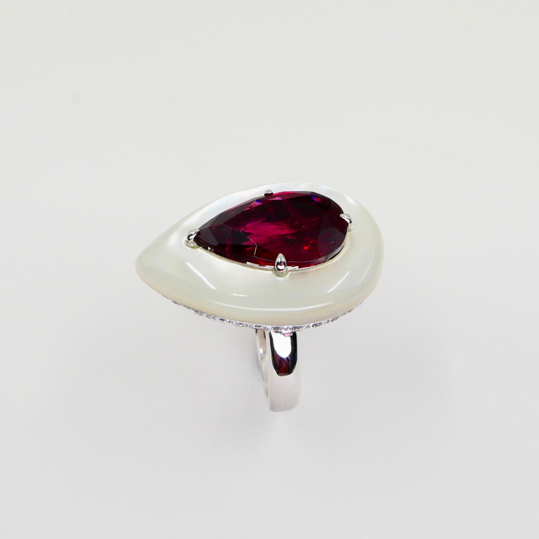 GIA Certified 6.50 Cts No Heat Red Spinel, Mother of Pearl & Diamond Ring 2